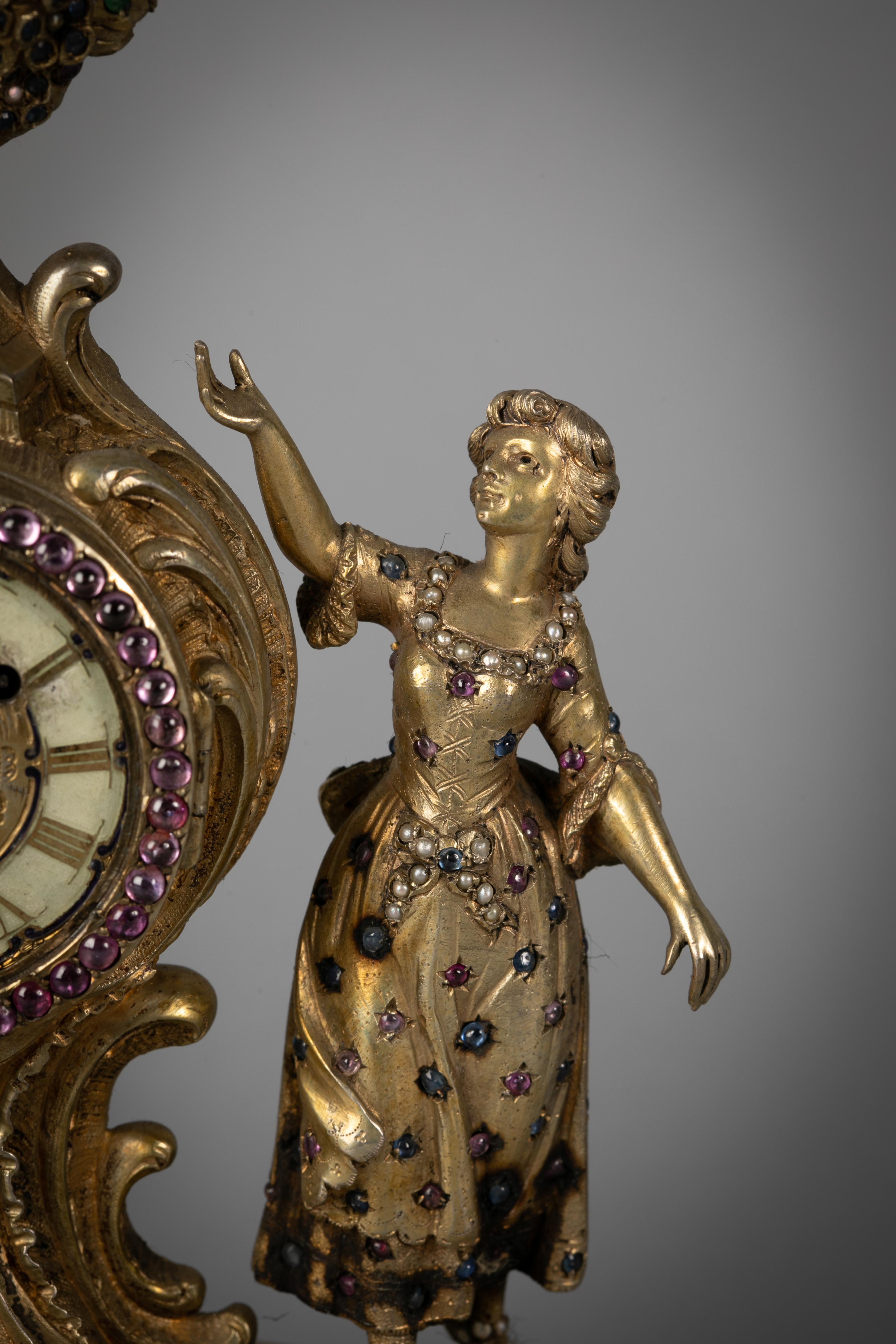 Viennese Silver Gilt, Lapis and Jeweled Figural Clock, circa 1880 In Good Condition For Sale In New York, NY