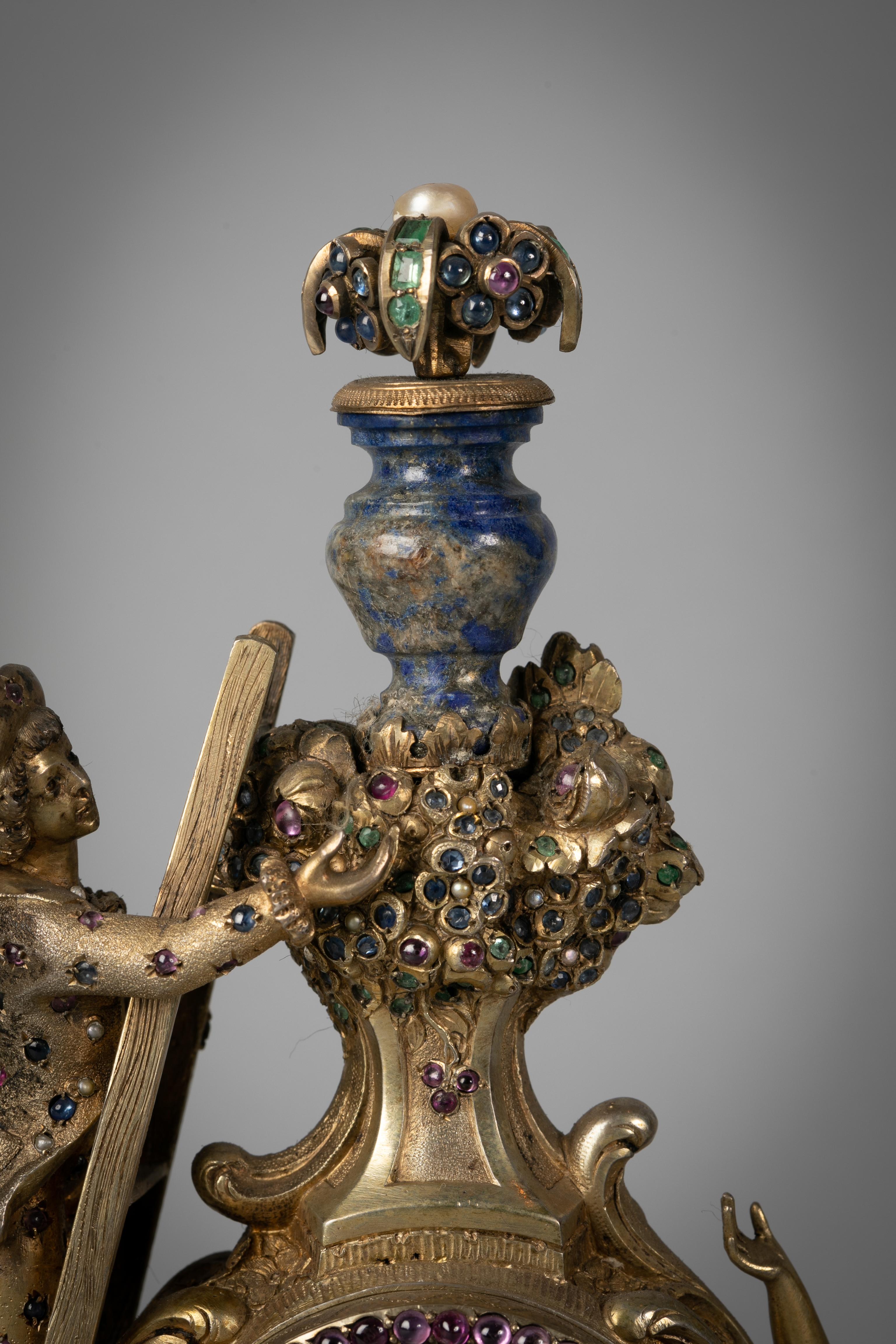 Viennese Silver Gilt, Lapis and Jeweled Figural Clock, circa 1880 For Sale 1