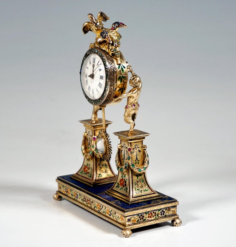 Austrian Viennese Silver Historicism Splendour Clock with Enamel And Gemstones, Ca 1880