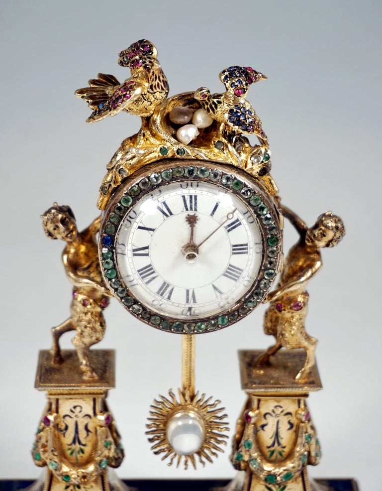 Hand-Crafted Viennese Silver Historicism Splendour Clock with Enamel And Gemstones, Ca 1880