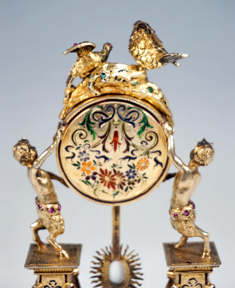Late 19th Century Viennese Silver Historicism Splendour Clock with Enamel And Gemstones, Ca 1880