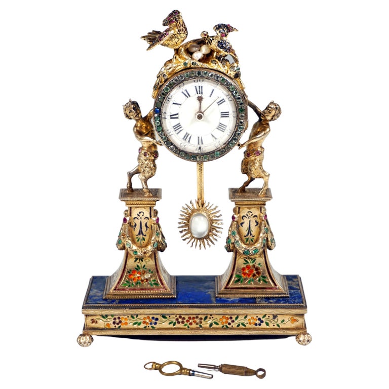 Viennese Silver Historicism Splendour Clock with Enamel And Gemstones, Ca 1880
