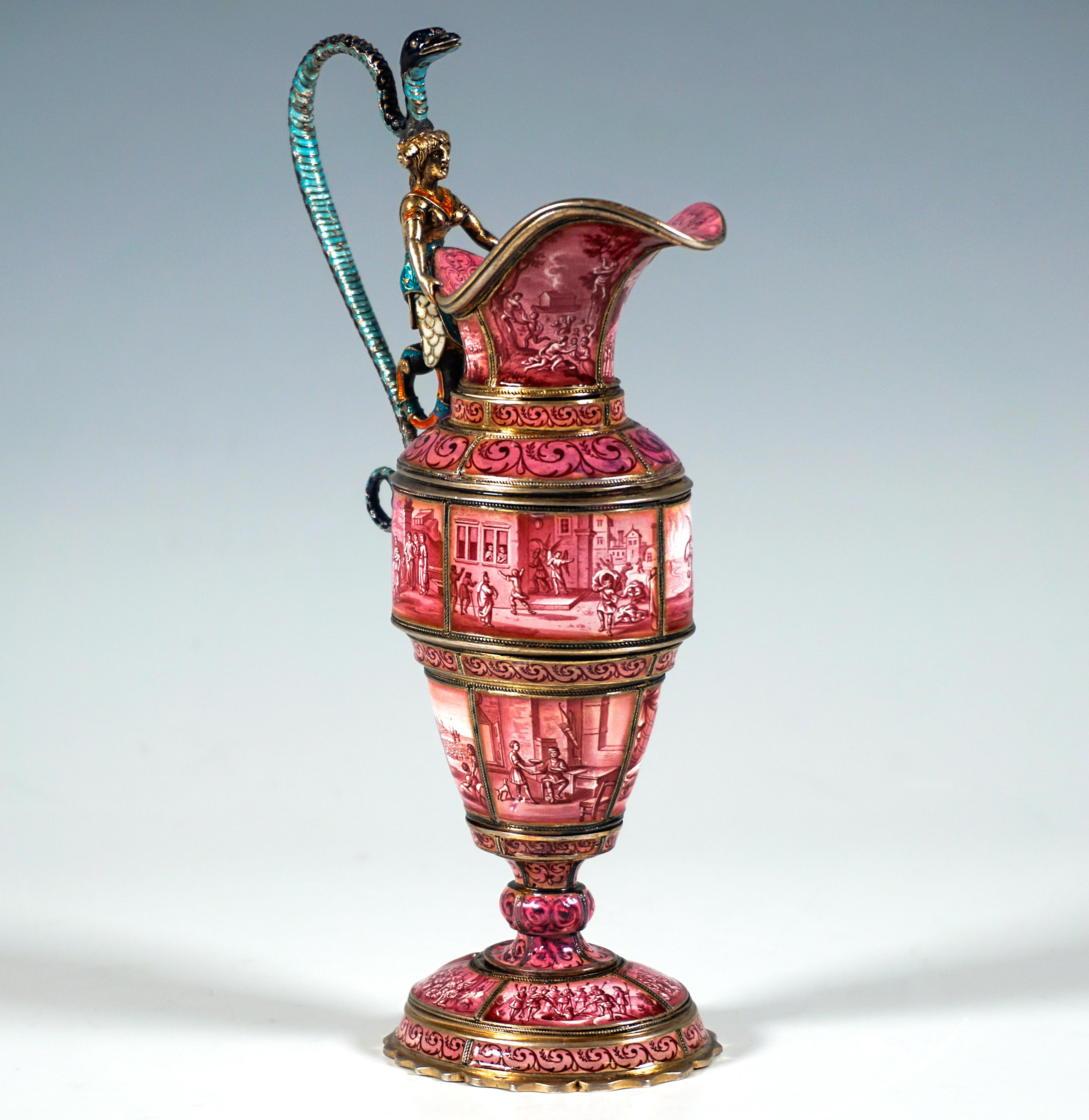 Finest Viennese Enamel Work from around 1870:
Silver vessel on an oval plan, with a large, offset, domed foot, baluster-shaped body with a large, broad spout, on the back a siren holding onto the edge of the mouth, moulded in full relief and partly