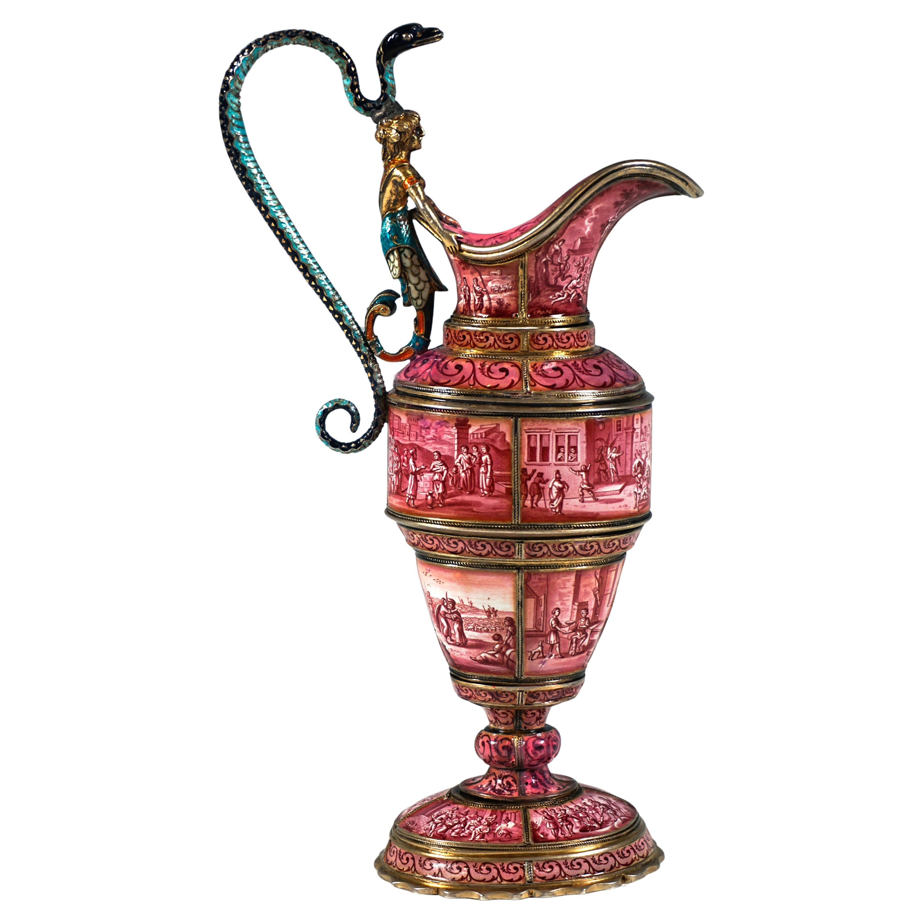Brocca d'argento viennese con smalto finemente dipinto, A. Hermann Boehm, Circa 1870
