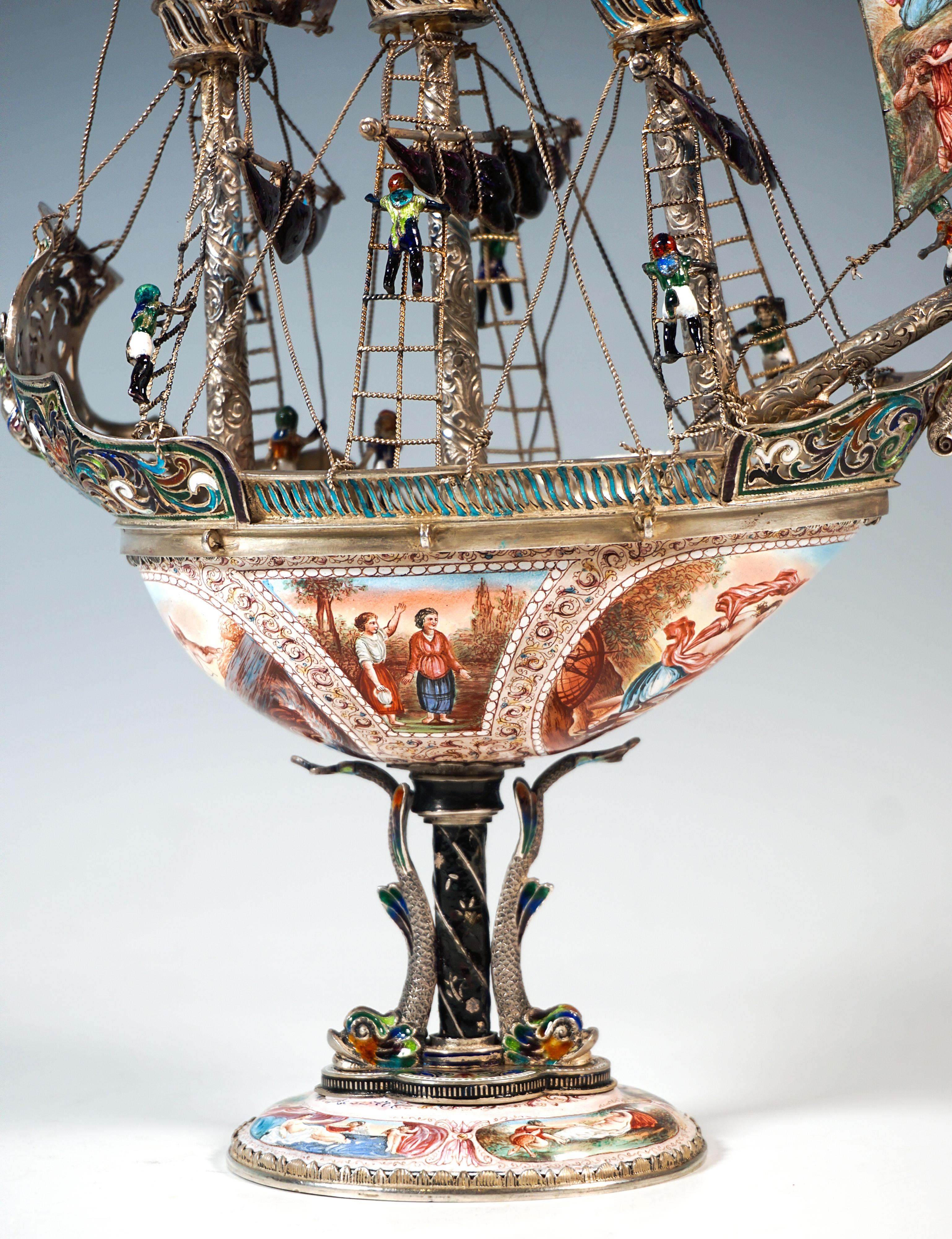 Nave a vela viennese in argento, dipinto con smalto finissimo, A. Hermann Boehm, Circa 1870 in vendita 2