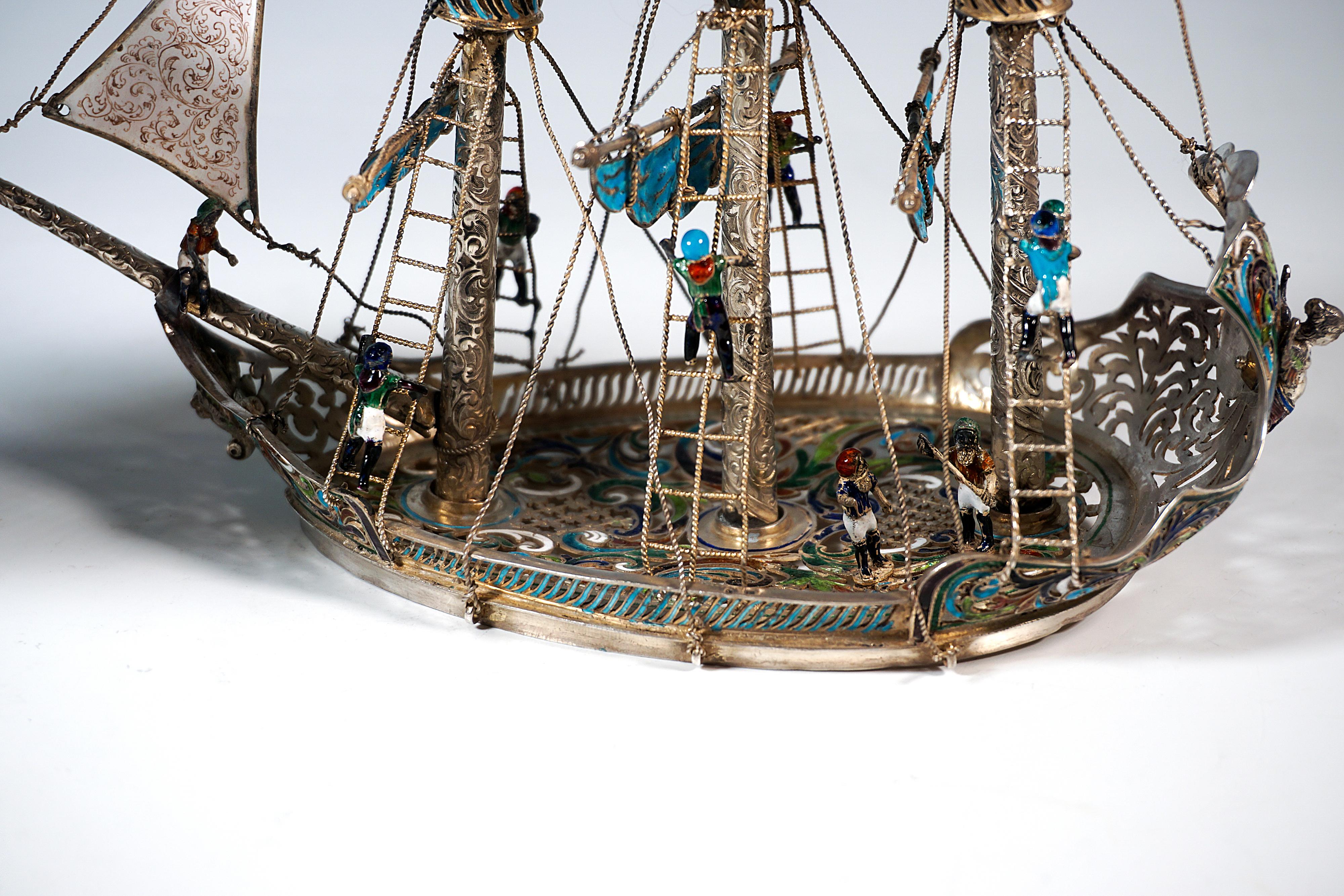 Nave a vela viennese in argento, dipinto con smalto finissimo, A. Hermann Boehm, Circa 1870 in vendita 10