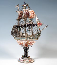 Viennese Silver Sailing Ship, Finest Enamel Painting, Hermann Boehm, Circa 1870
