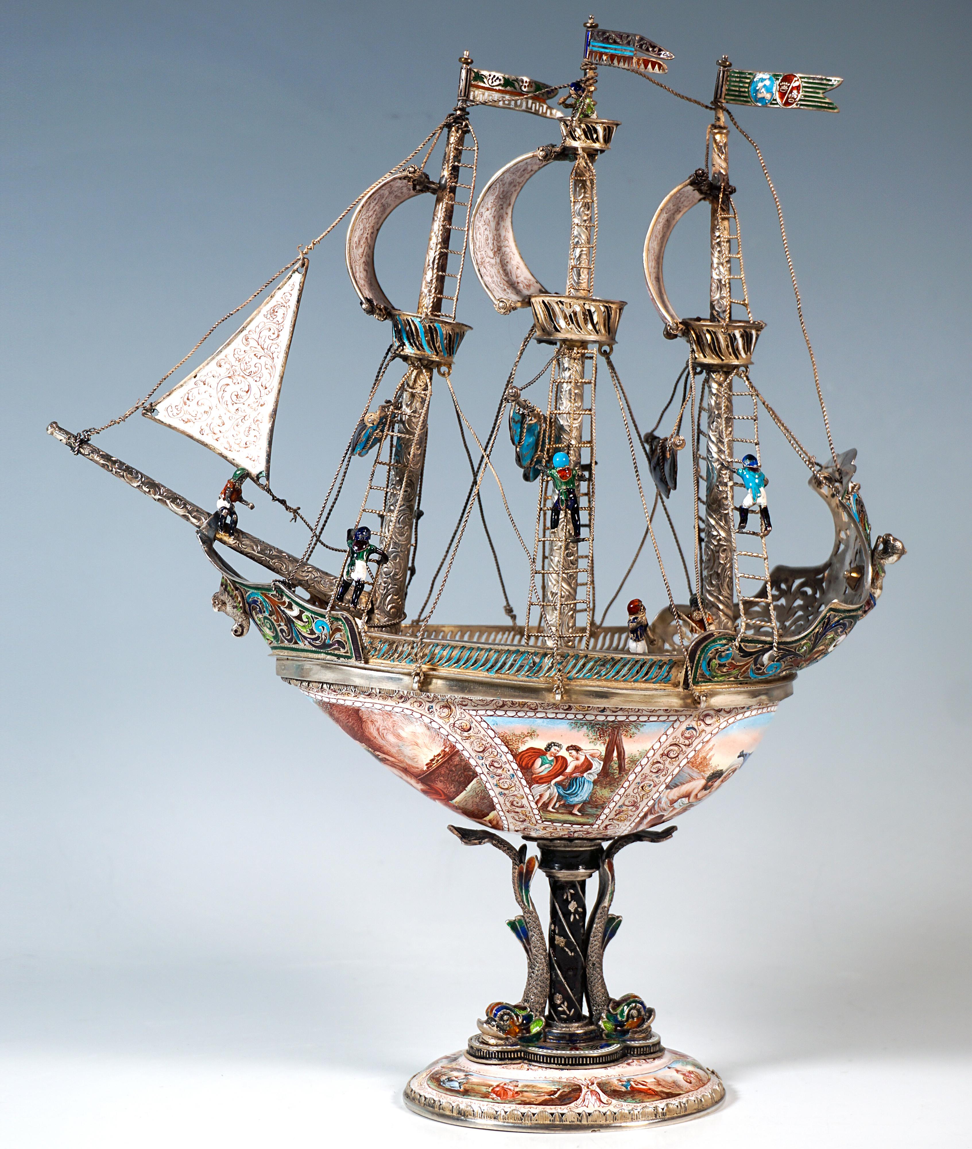 Austriaco Nave a vela viennese in argento, dipinto con smalto finissimo, A. Hermann Boehm, Circa 1870 in vendita