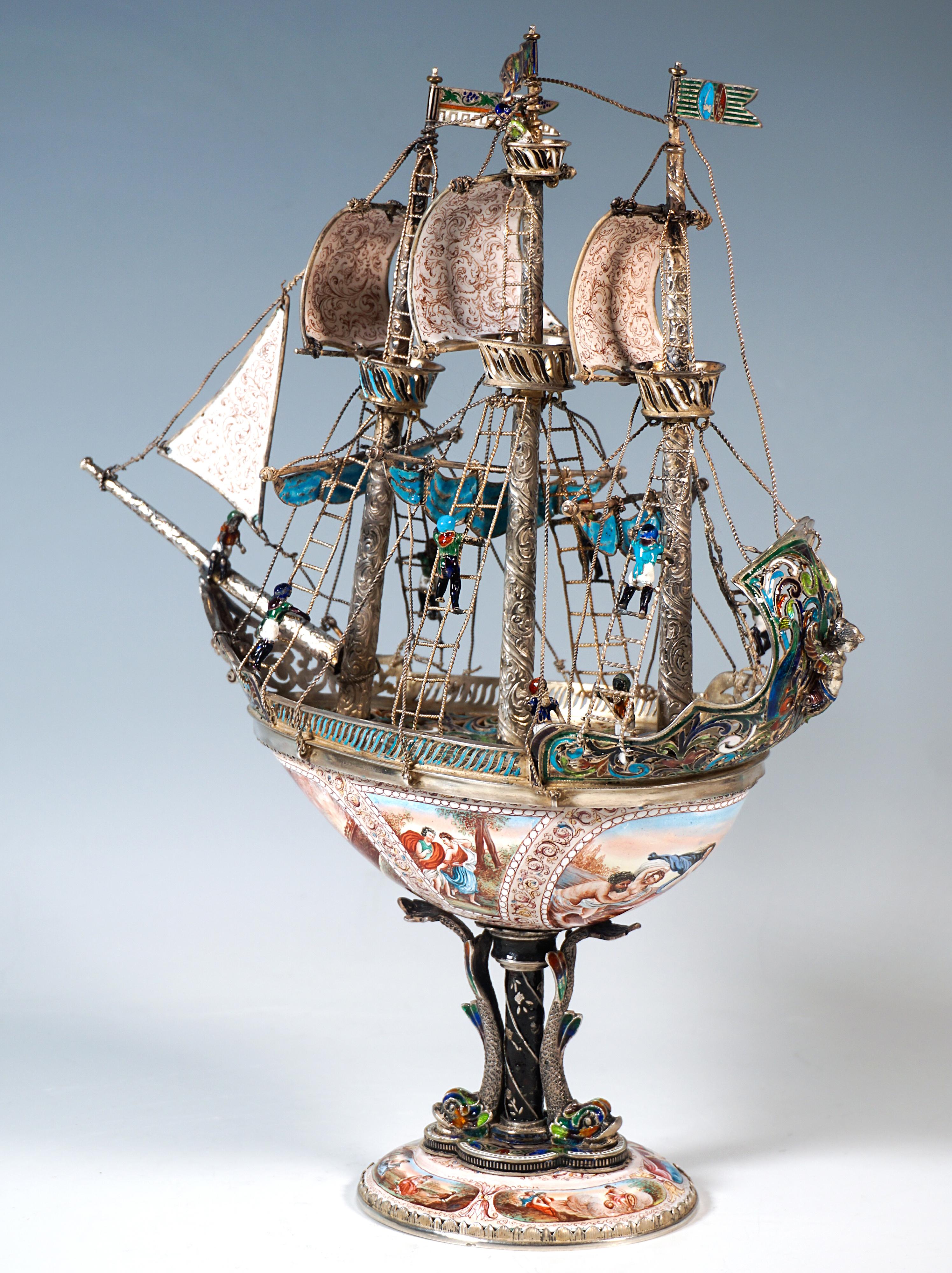 Smaltato Nave a vela viennese in argento, dipinto con smalto finissimo, A. Hermann Boehm, Circa 1870 in vendita