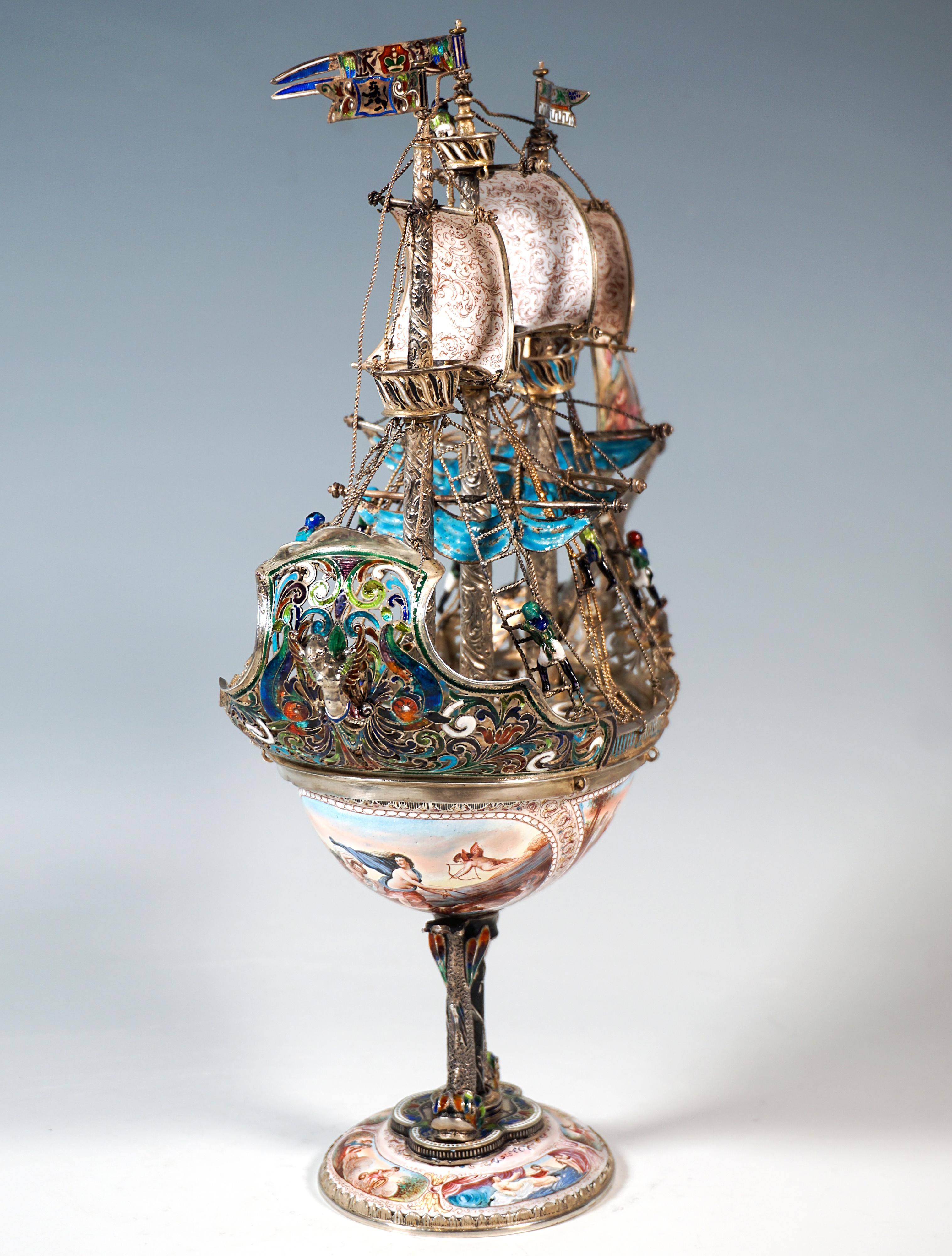 Nave a vela viennese in argento, dipinto con smalto finissimo, A. Hermann Boehm, Circa 1870 In condizioni buone in vendita a Vienna, AT