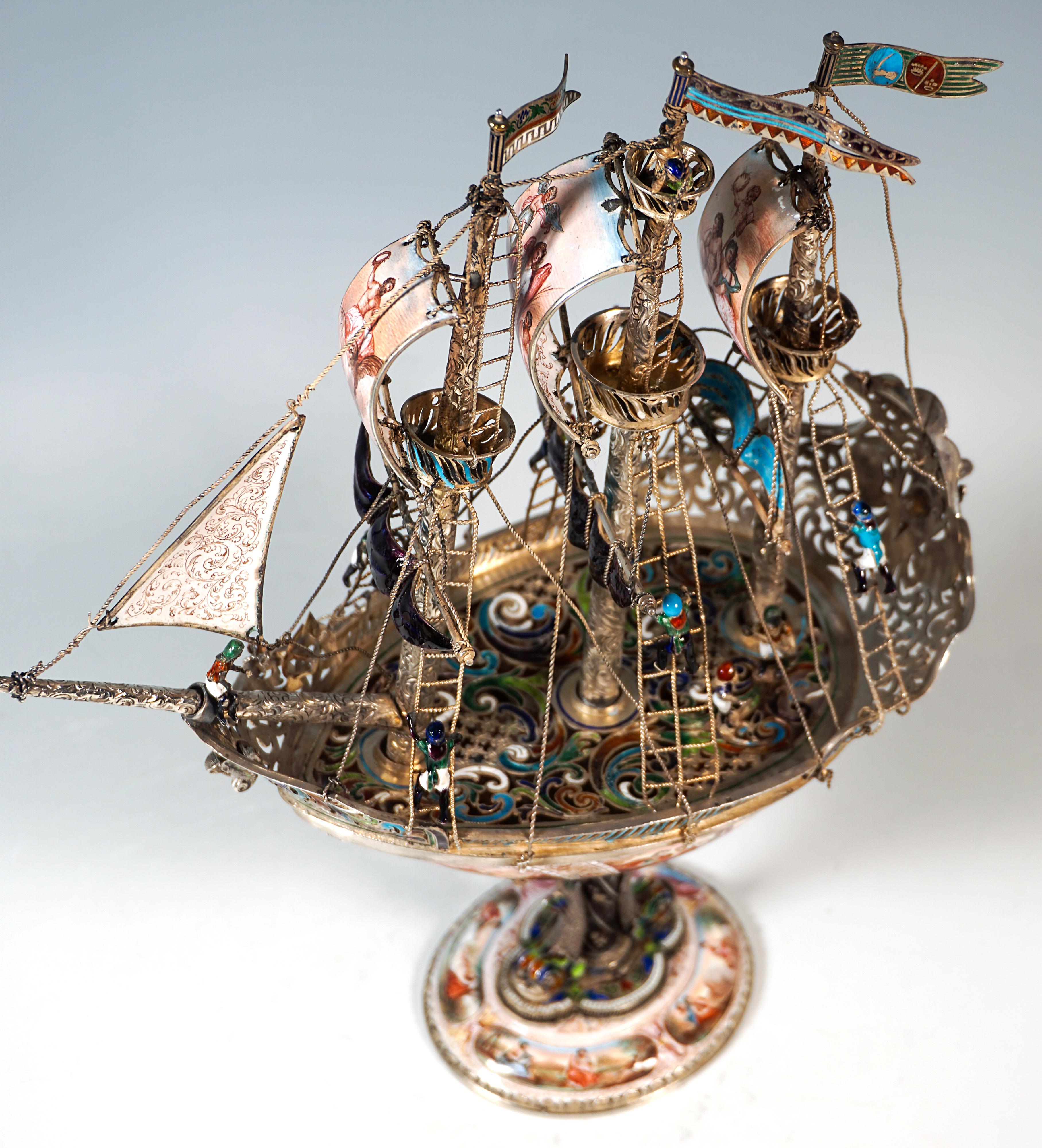 Fine XIX secolo Nave a vela viennese in argento, dipinto con smalto finissimo, A. Hermann Boehm, Circa 1870 in vendita