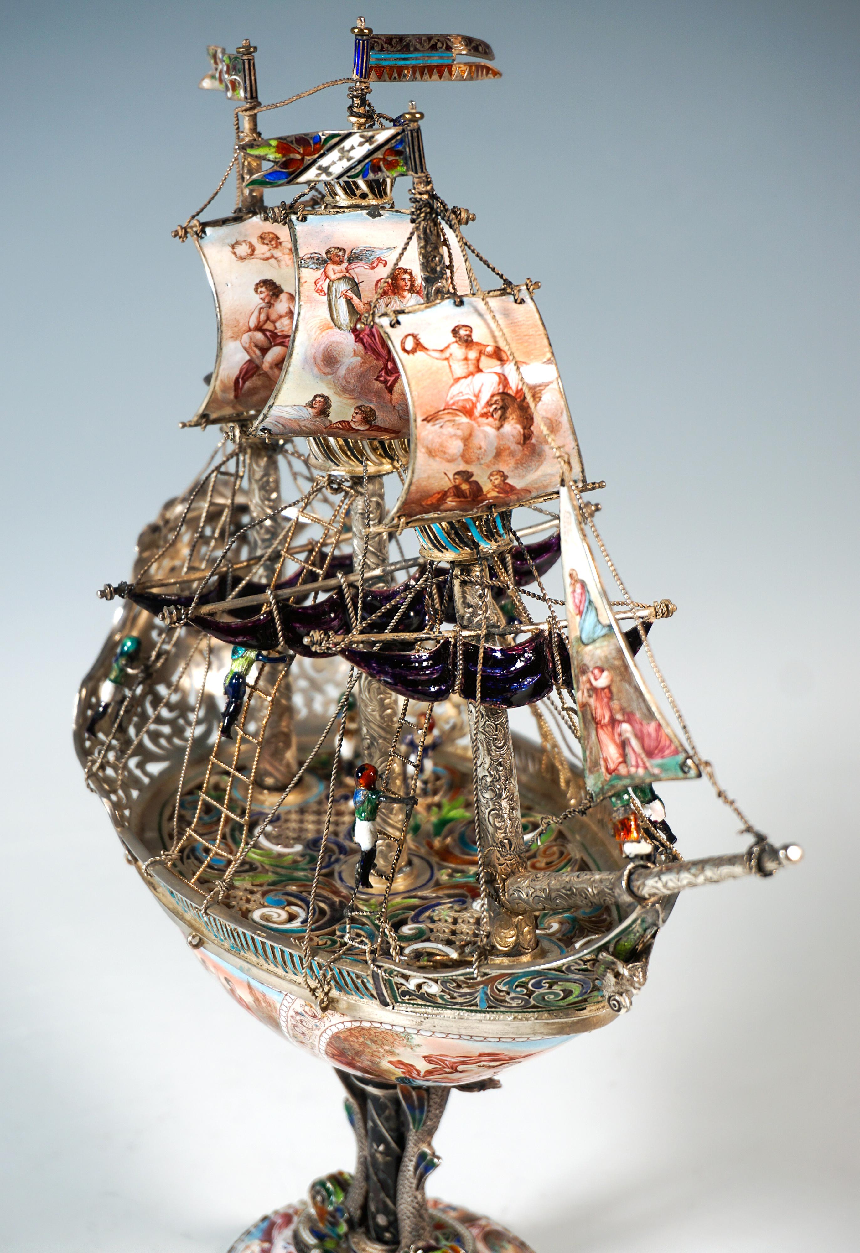 Nave a vela viennese in argento, dipinto con smalto finissimo, A. Hermann Boehm, Circa 1870 in vendita 1