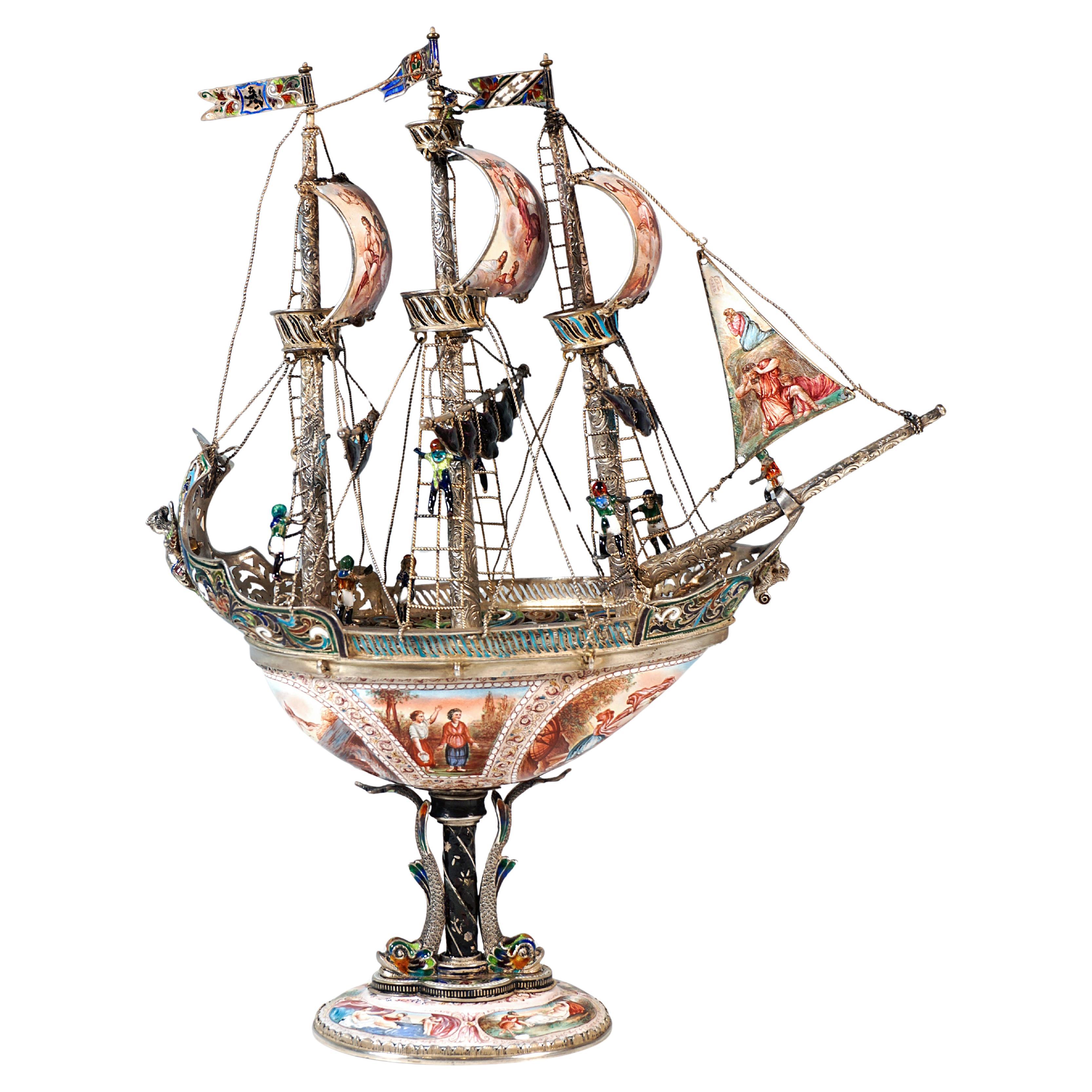 Viennese Silver Sailing Ship, Finest Enamel Painting, Hermann Boehm, Circa 1870