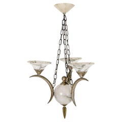 Viennese Silvered Bronze and Alabaster Chandelier by Dagobert Peche, 1920s