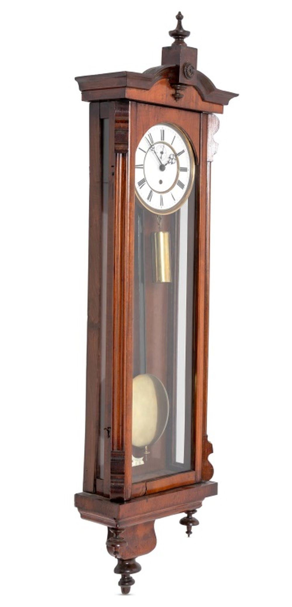 Viennese Walnut Single Weight Regulator, late 19th century, with a circular white enamel dial, single weight and pendulum, 47.5