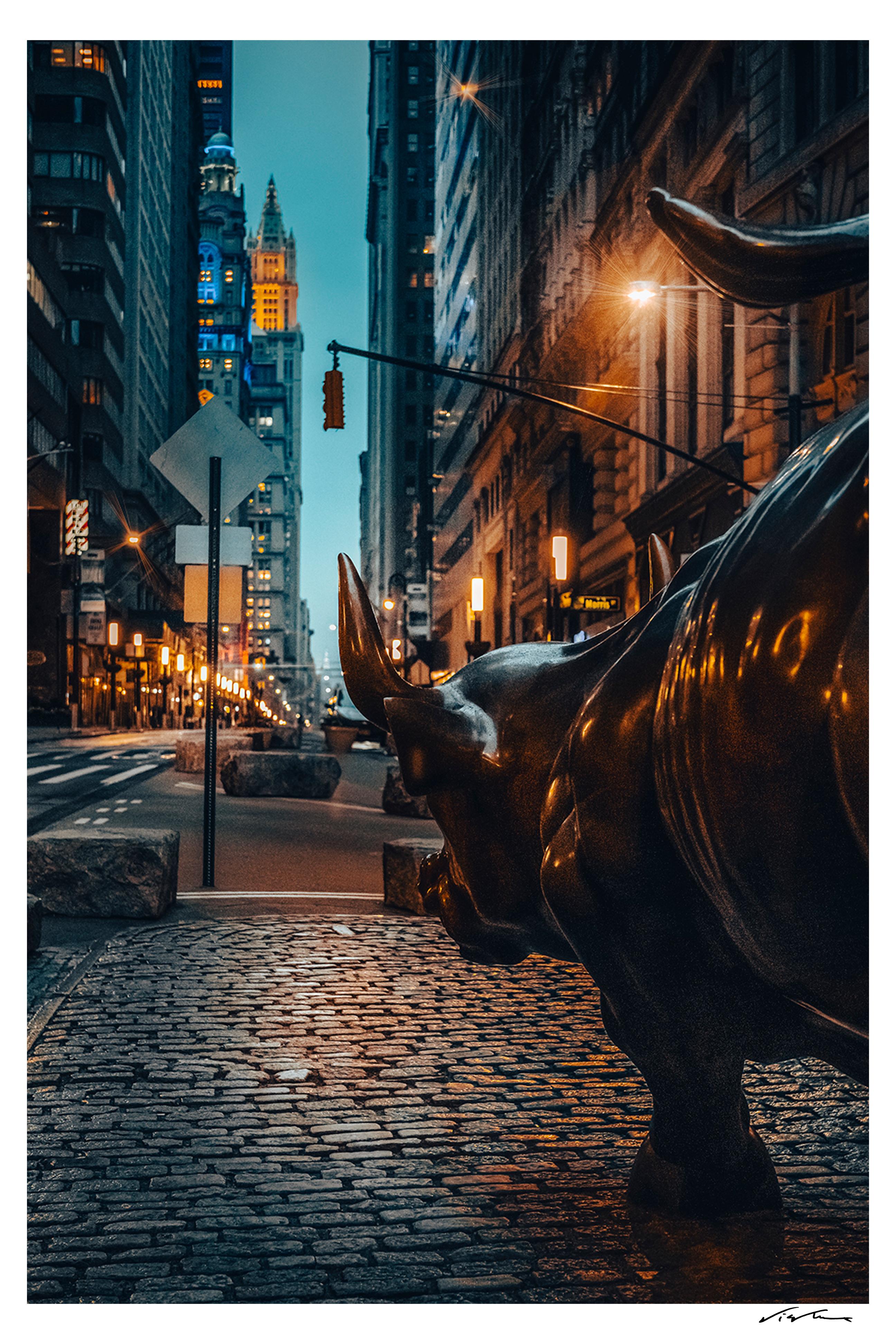 Wall Street Bull – NYC Photography, 54 Zoll x36 Zoll, signiert, limitierte Auflage von 5 Stück (Schwarz), Landscape Photograph, von Viet Chu