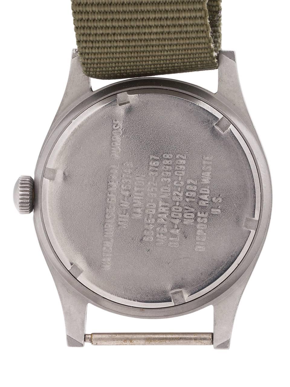 Hamilton Base Metal U.S. Military black dial manual wind wristwatch, circa 1965 In Excellent Condition In West Hollywood, CA