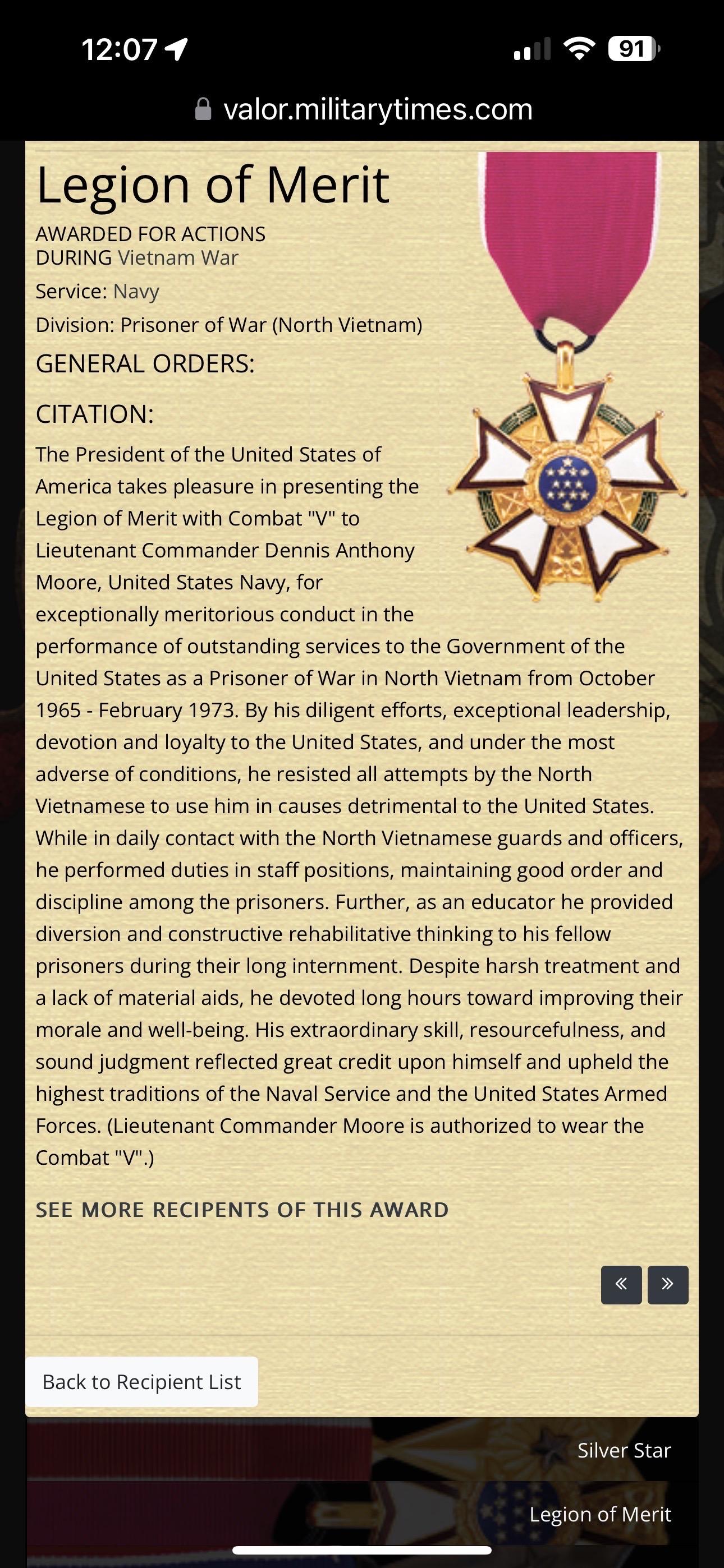 Vietnam War Naval Legion of Merit Medal and Citation with Combat 
