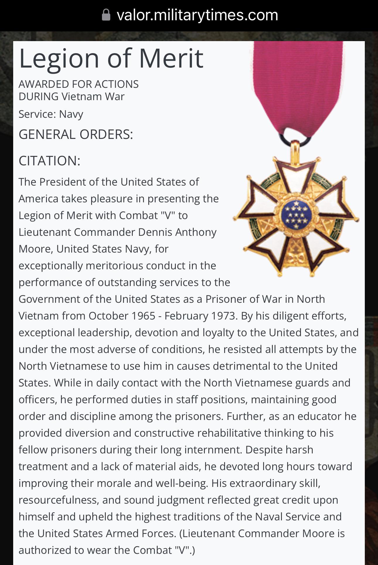Vietnam War Naval Legion of Merit Medal and Citation with Combat 