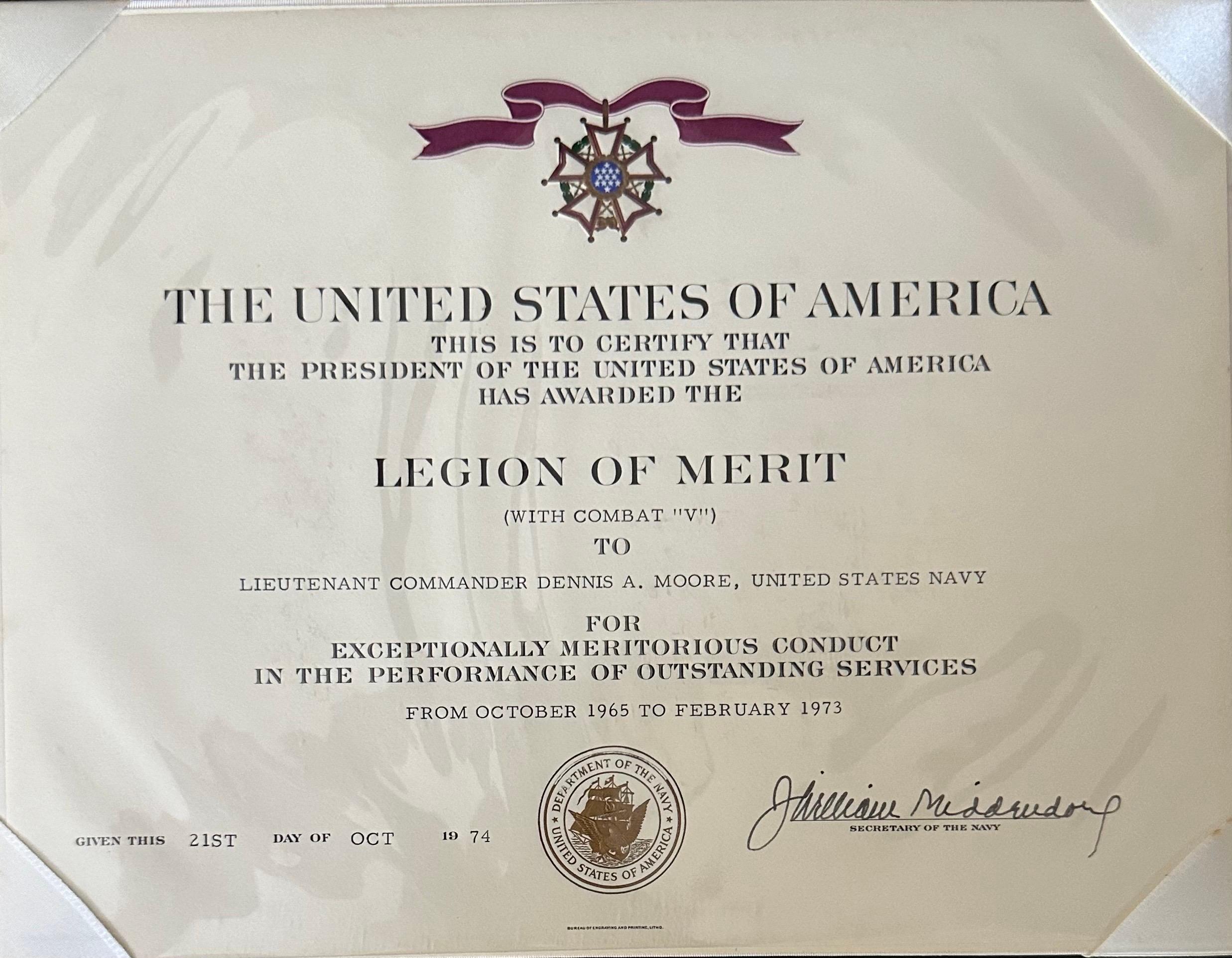 Vietnam War Naval Legion of Merit Medal and Citation with Combat 