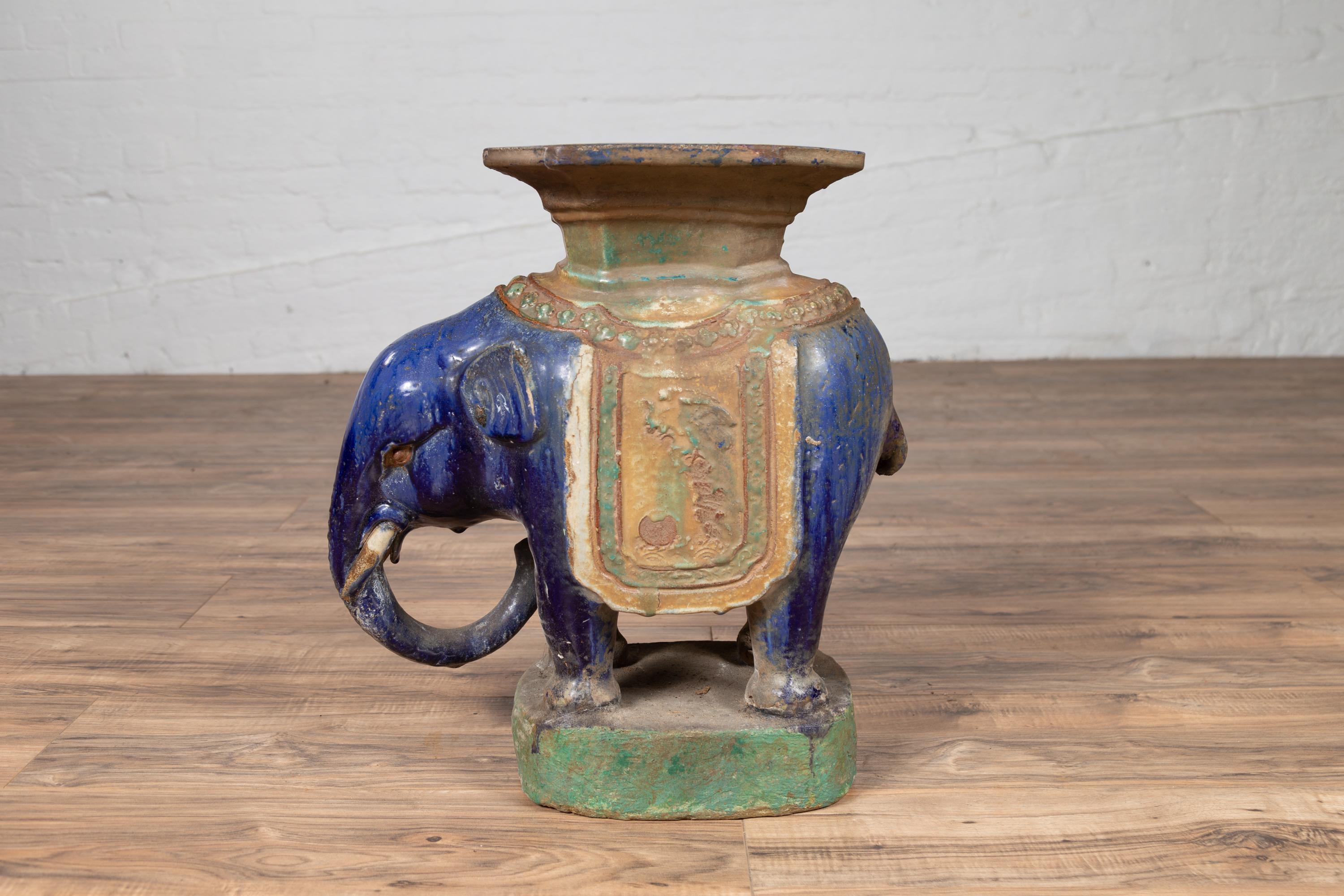 Vietnamese Annamese Elephant Garden Seat with Cobalt Blue and Green Polychromy 4