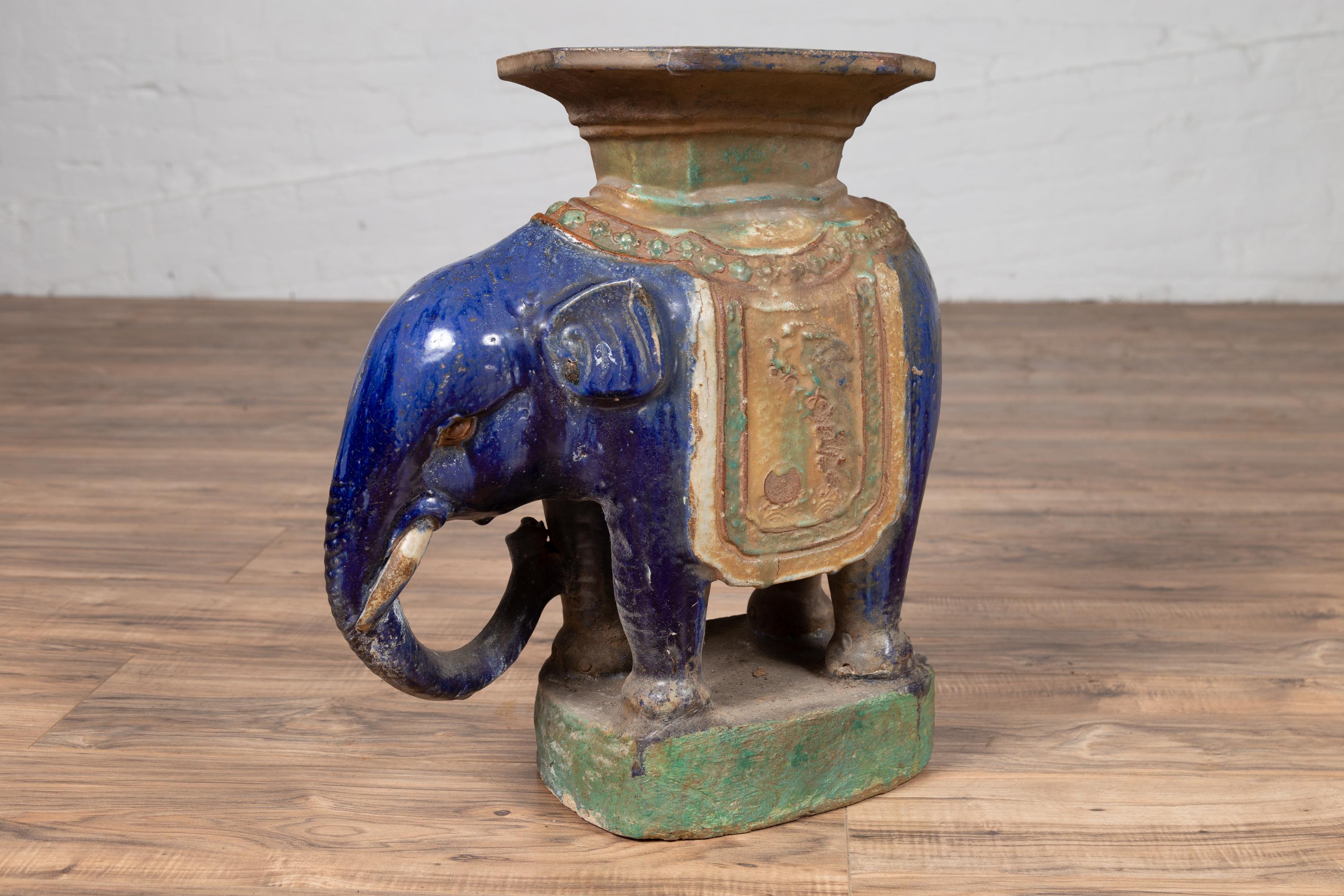 Vietnamese Annamese Elephant Garden Seat with Cobalt Blue and Green Polychromy 6