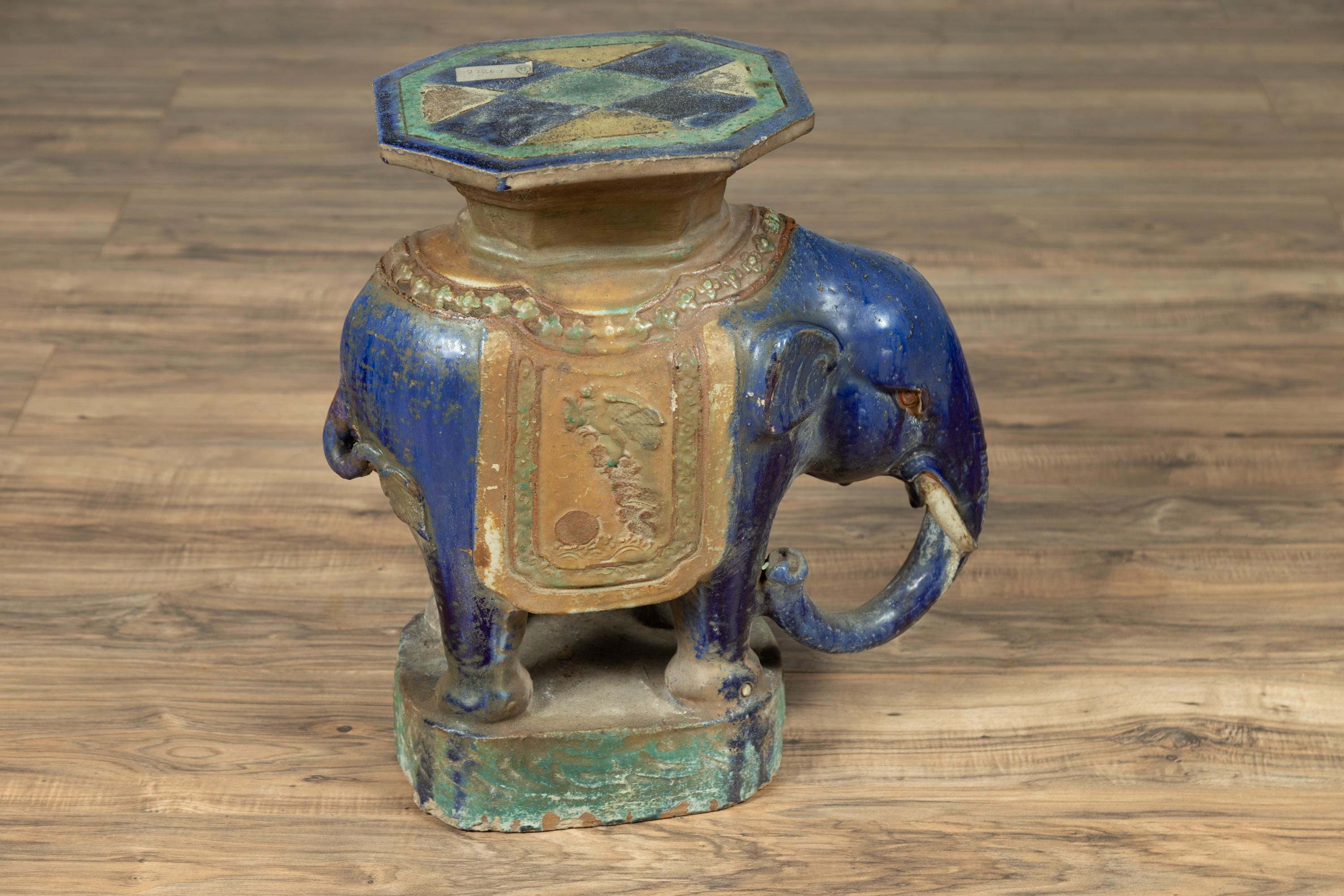 Vietnamese Annamese Elephant Garden Seat with Cobalt Blue and Green Polychromy 7