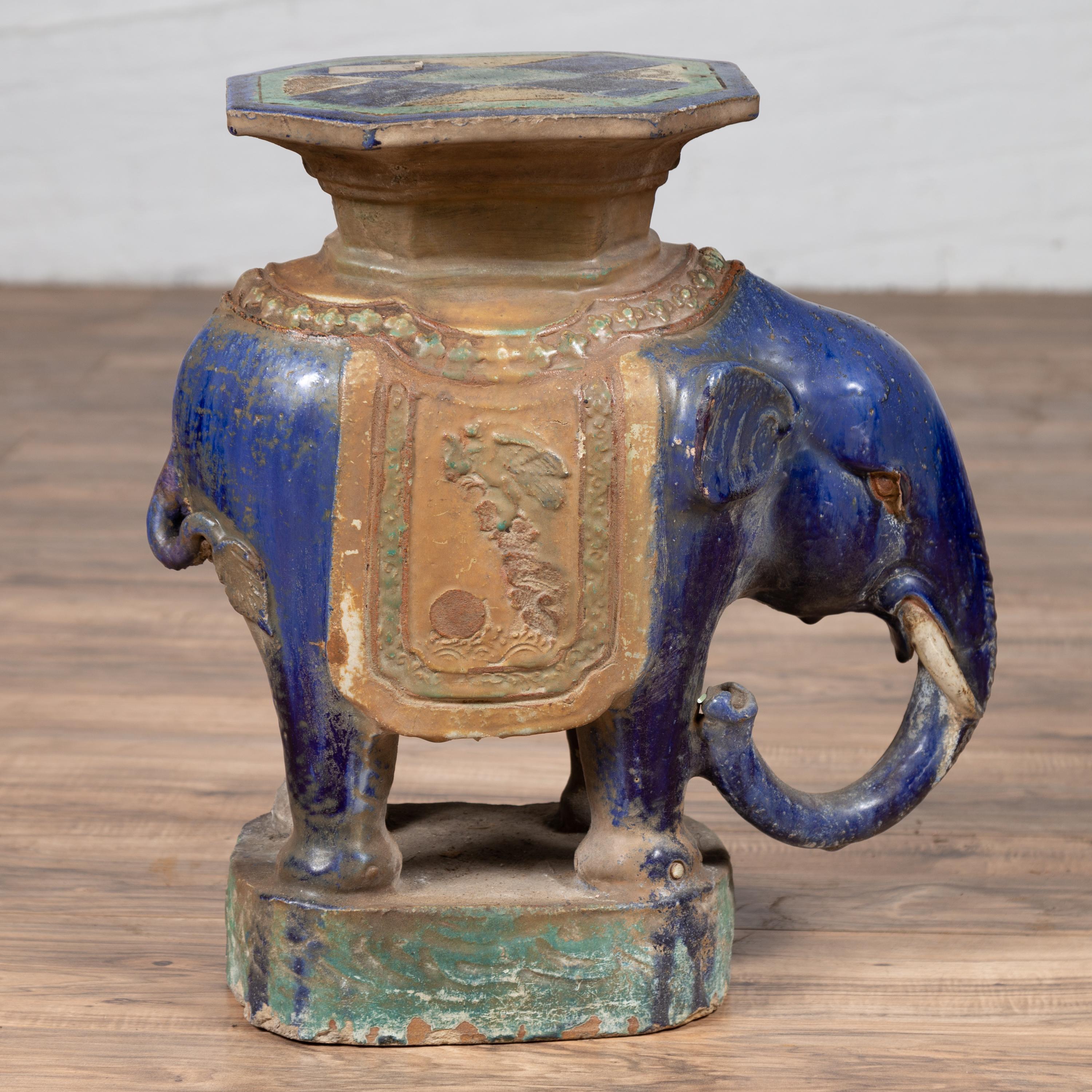 Vietnamese Annamese Elephant Garden Seat with Cobalt Blue and Green Polychromy 8