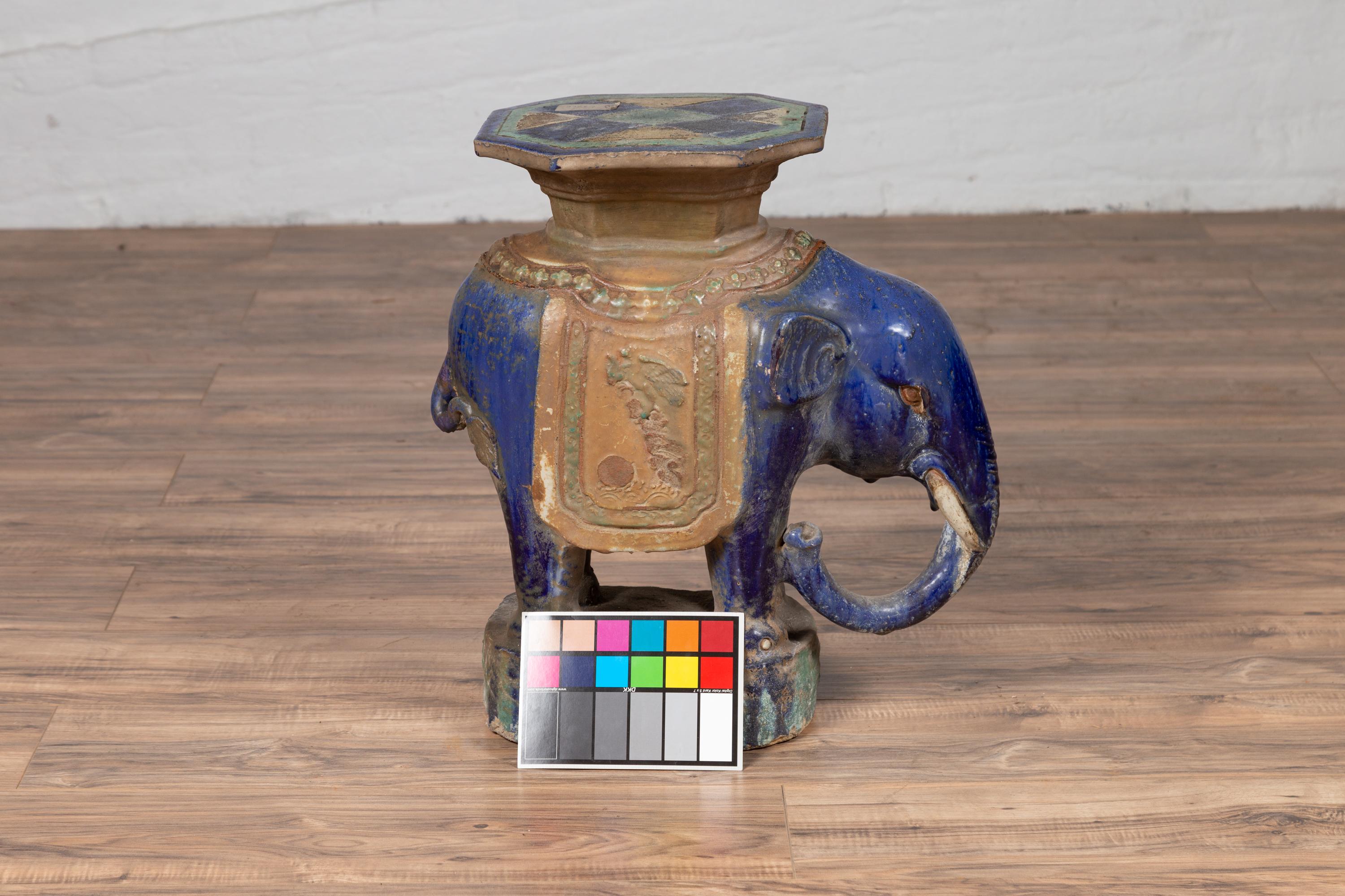 Vietnamese Annamese Elephant Garden Seat with Cobalt Blue and Green Polychromy 9
