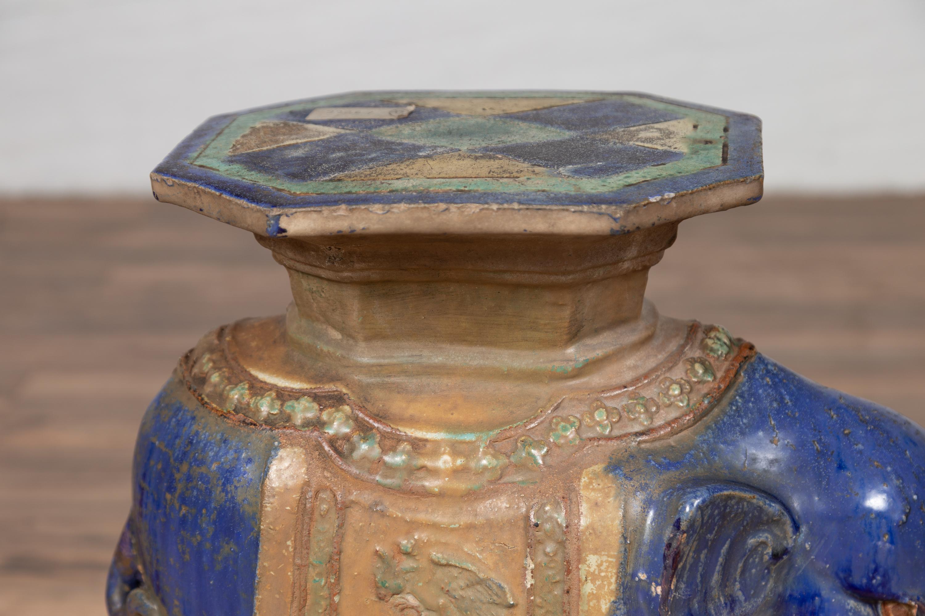 Glazed Vietnamese Annamese Elephant Garden Seat with Cobalt Blue and Green Polychromy