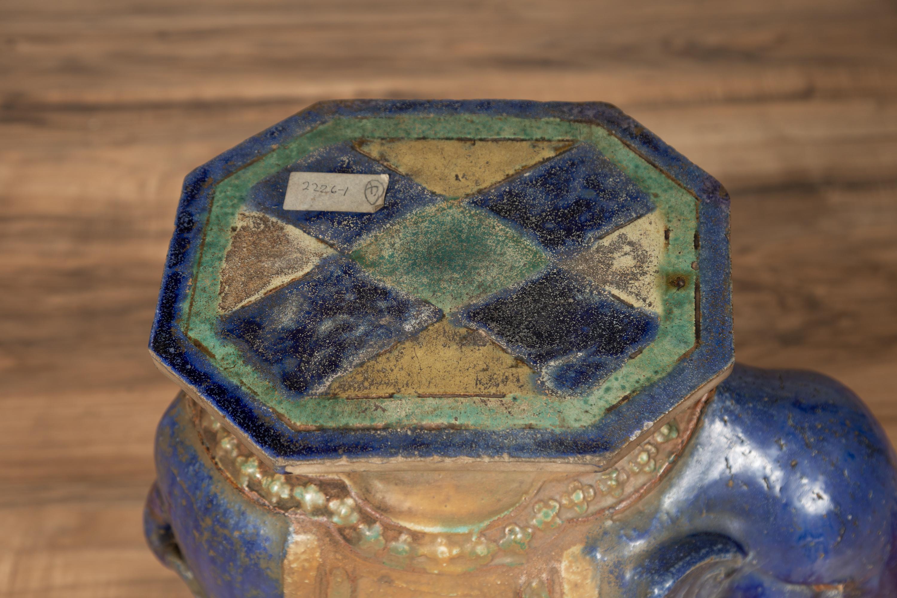 Vietnamese Annamese Elephant Garden Seat with Cobalt Blue and Green Polychromy In Good Condition In Yonkers, NY