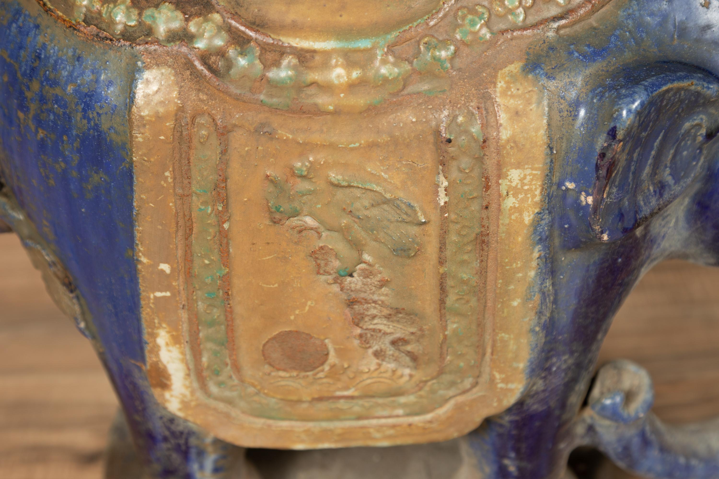20th Century Vietnamese Annamese Elephant Garden Seat with Cobalt Blue and Green Polychromy