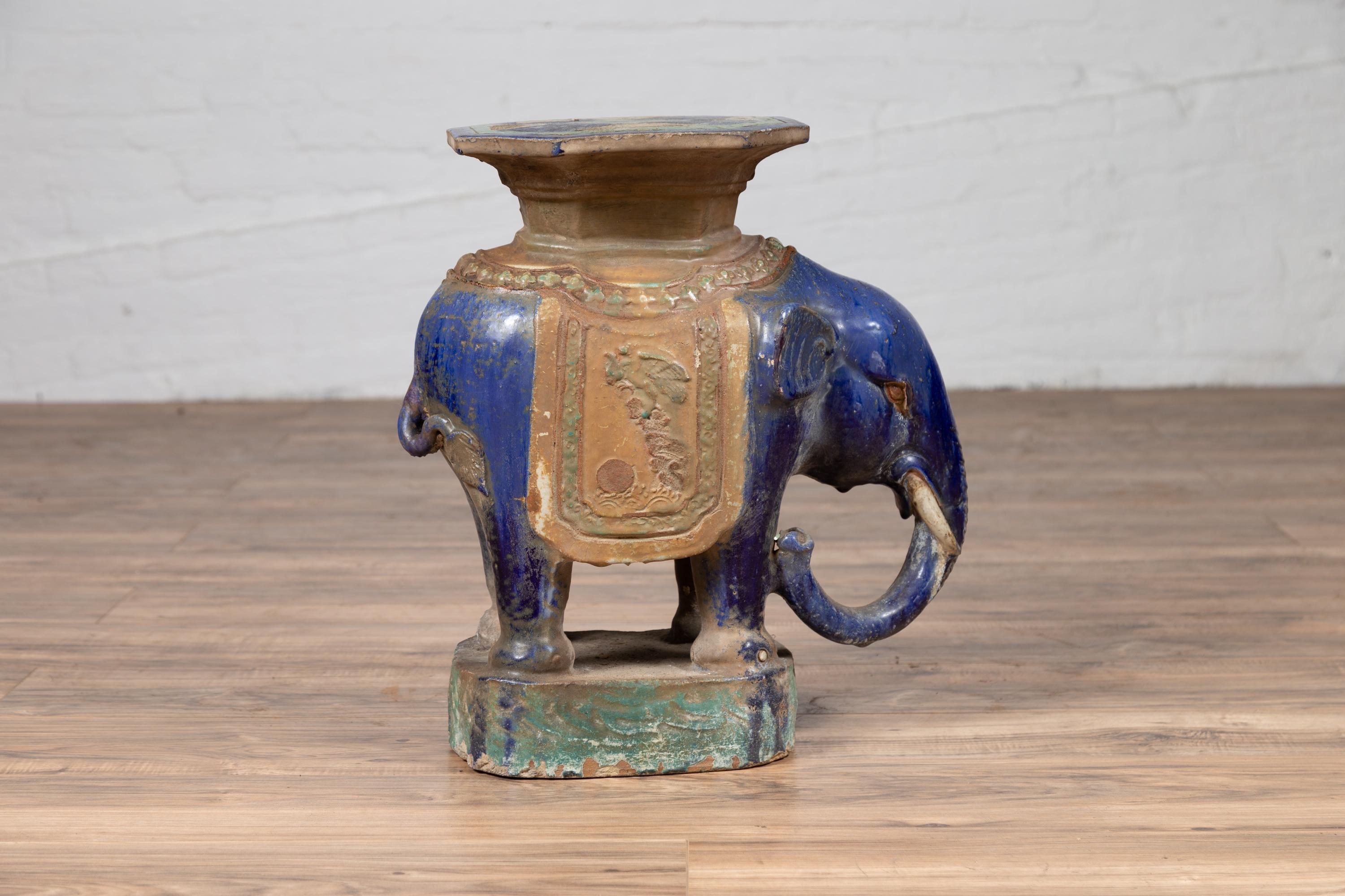 Ceramic Vietnamese Annamese Elephant Garden Seat with Cobalt Blue and Green Polychromy