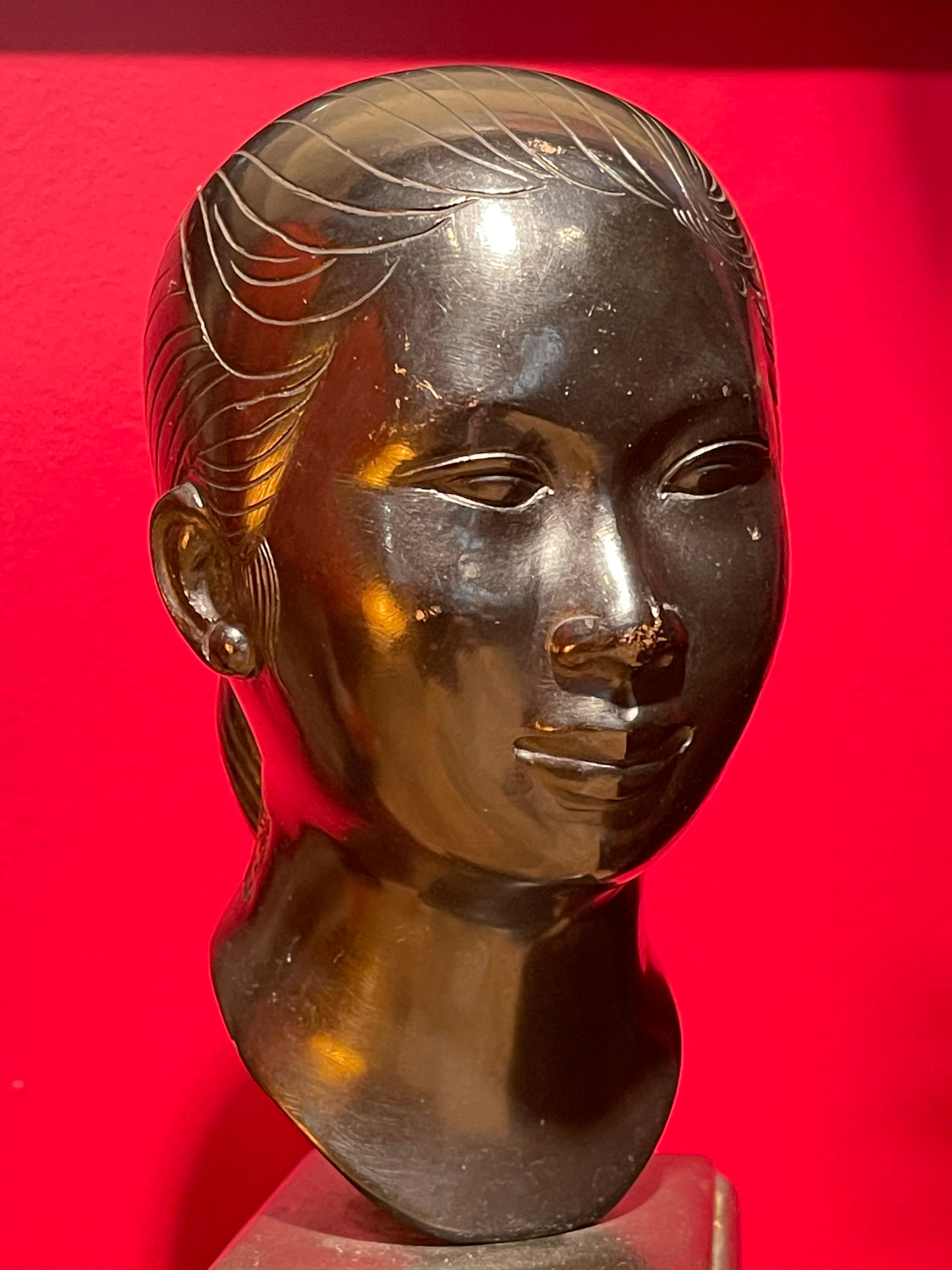 Vietnamese Art Deco Lacquered Bronze Bust of Asian Woman by Nguen Than, Ca. 1920 In Good Condition For Sale In New York, NY