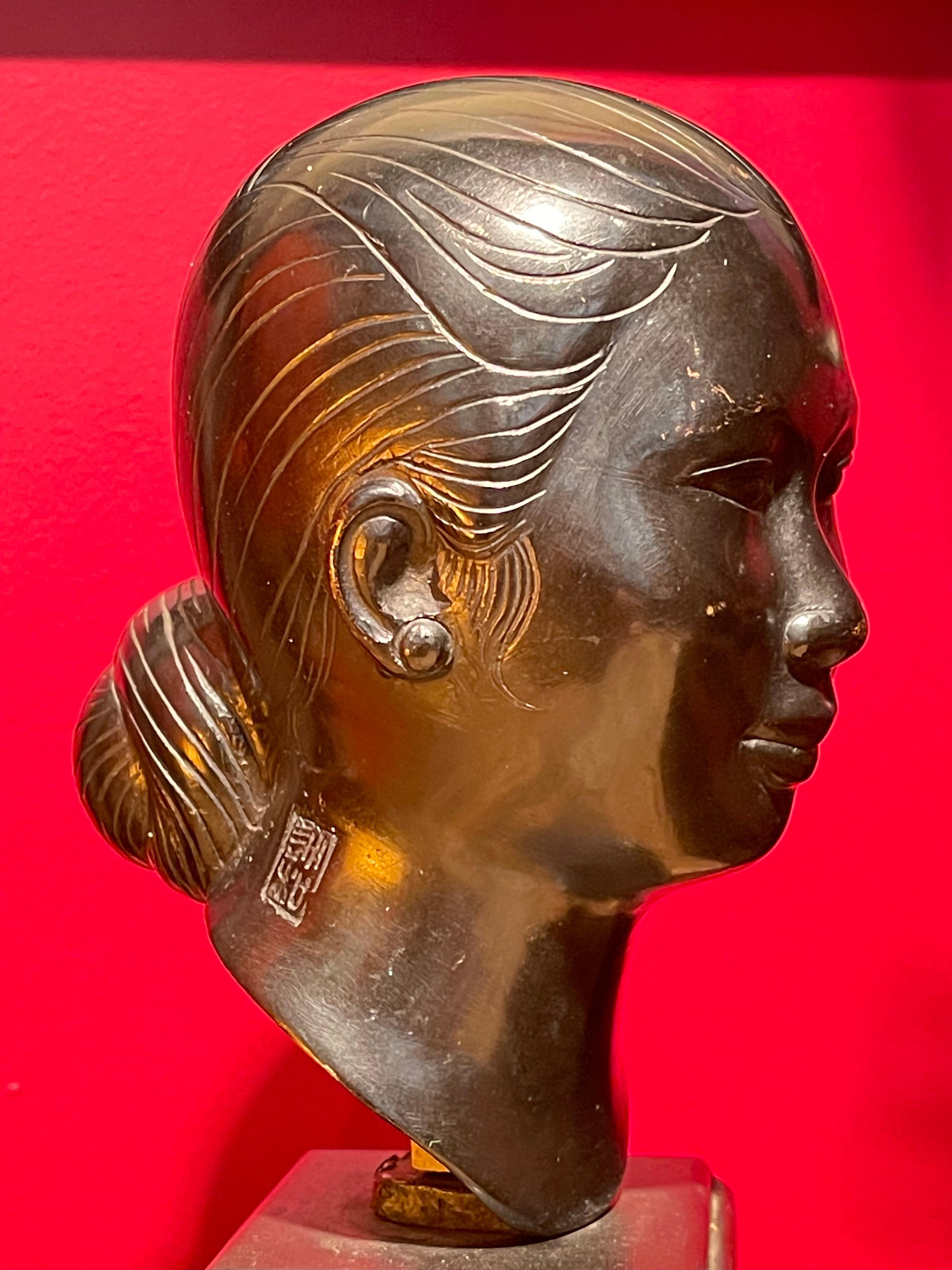 Early 20th Century Vietnamese Art Deco Lacquered Bronze Bust of Asian Woman by Nguen Than, Ca. 1920 For Sale