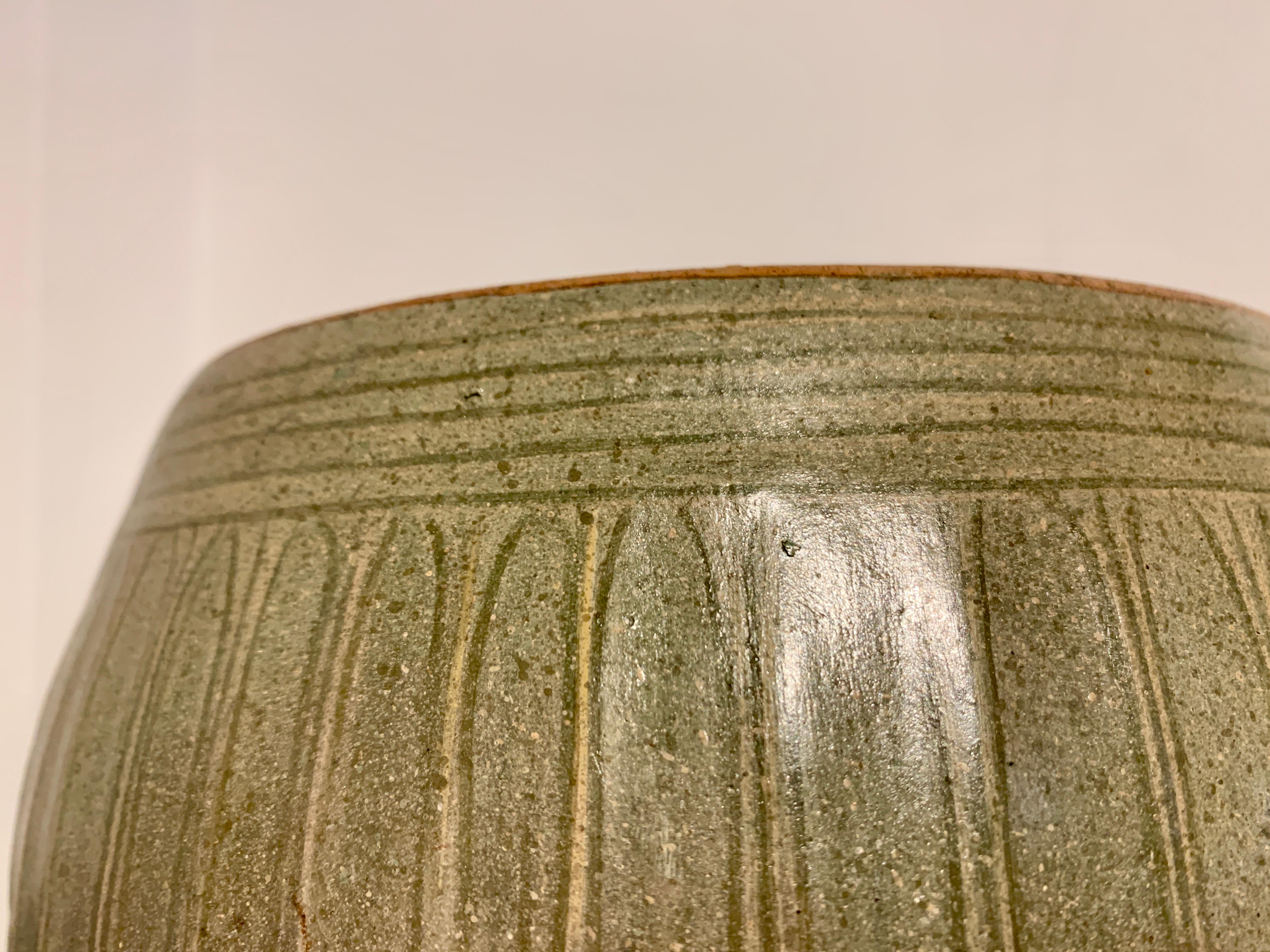 Carved Vietnamese Celadon Lotus Vessel, Ly or Tran Dynasty, 13th/14th Century, Vietnam For Sale