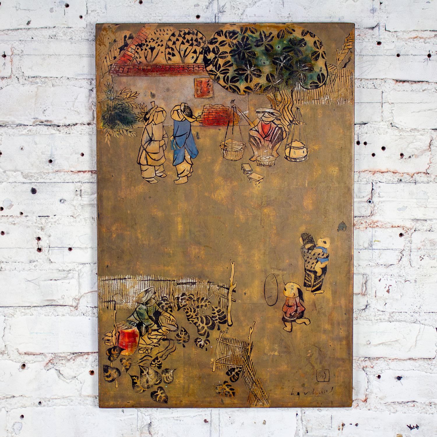 Magnificent vintage Vietnamese layered lacquer painting gilt & polychrome on wood “Village Scene” signed by Nguyen Van Minh & logo on back. Beautiful condition, keeping in mind that this is vintage and not new so will have signs of use and wear even