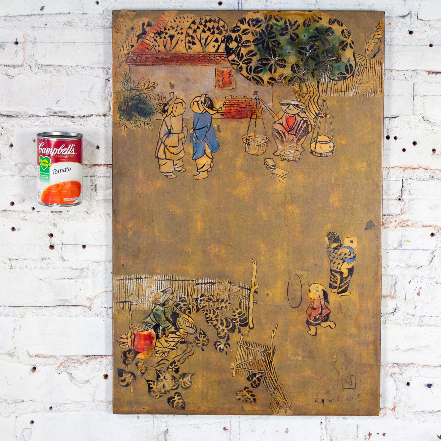 Vietnamese Lacquer Painting Gilt & Polychrome on Wood by Nguyen Van Minh For Sale 13