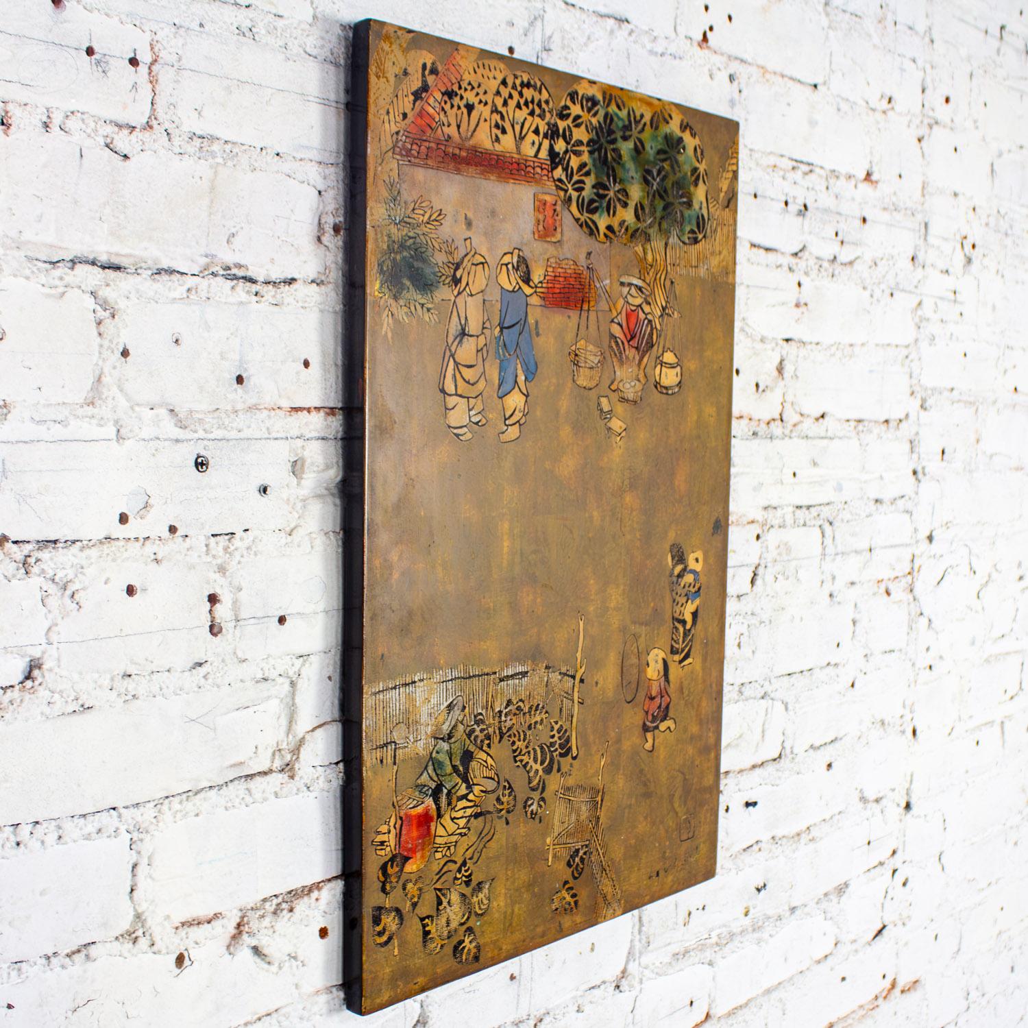 Vietnamese Lacquer Painting Gilt & Polychrome on Wood by Nguyen Van Minh In Good Condition For Sale In Topeka, KS