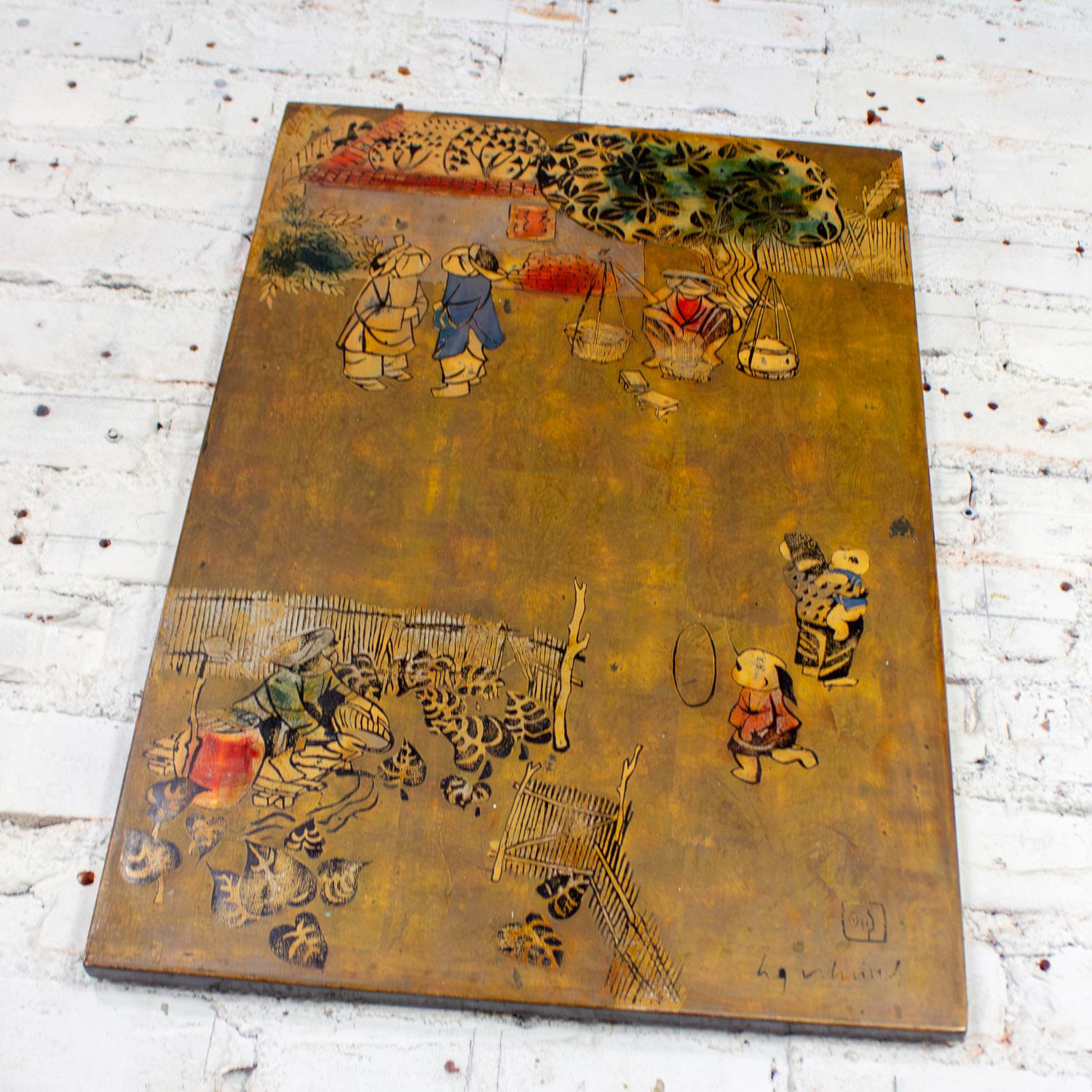 Vietnamese Lacquer Painting Gilt & Polychrome on Wood by Nguyen Van Minh For Sale 1