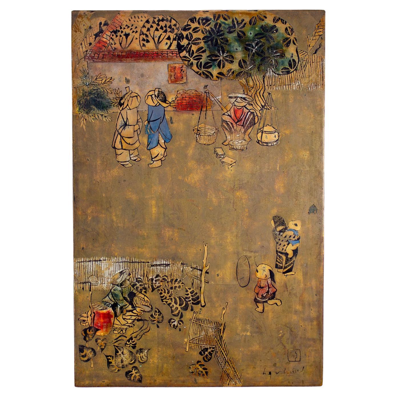 Vietnamese Lacquer Painting Gilt & Polychrome on Wood by Nguyen Van Minh For Sale