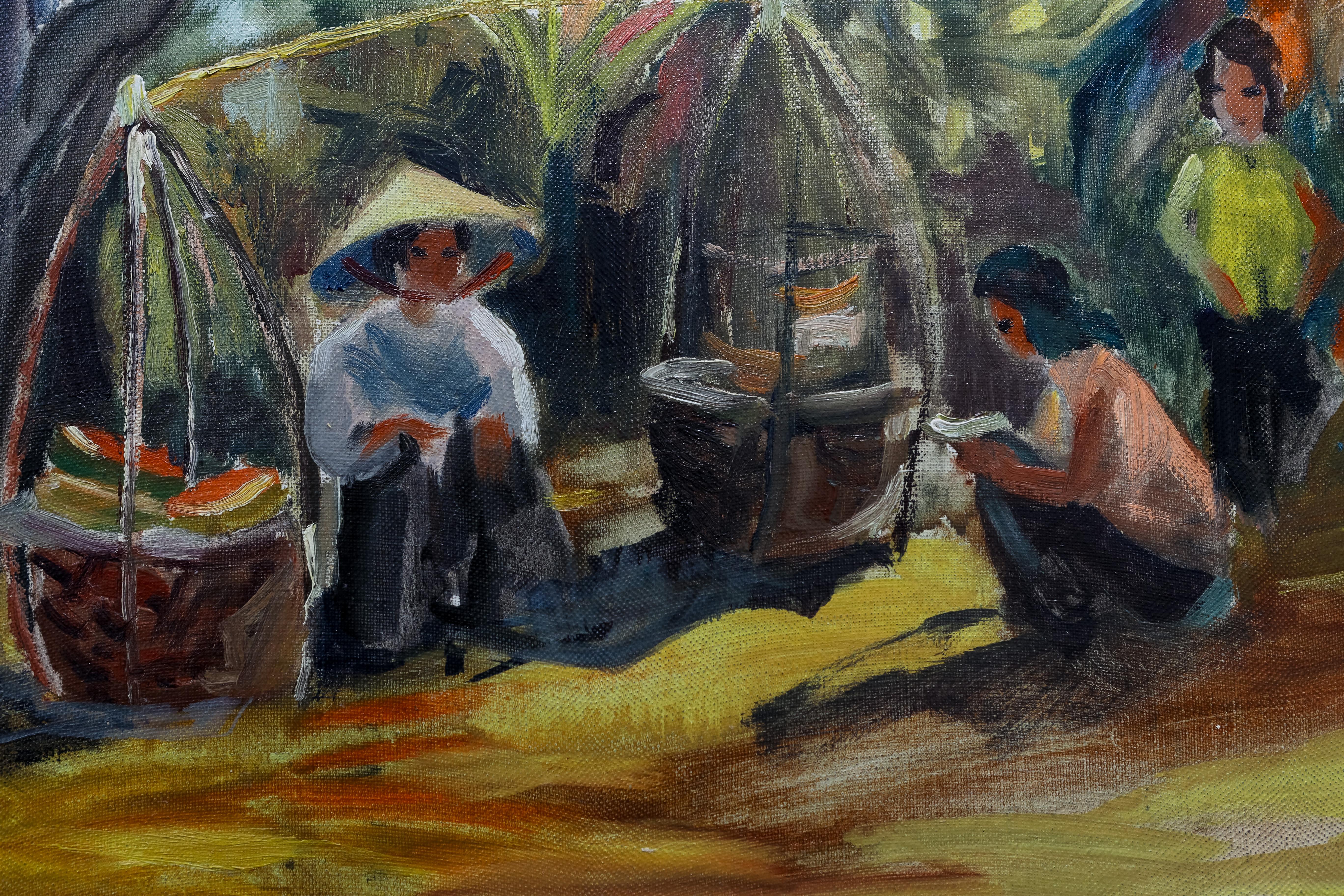 J Buttin est un artiste français qui a vécu en Indochine. Cette peinture représente des femmes porteuses d'eau sous des feuilles de bananier. Il est signé . La peinture a été récemment nettoyée par un professionnel. Veuillez noter que le tableau