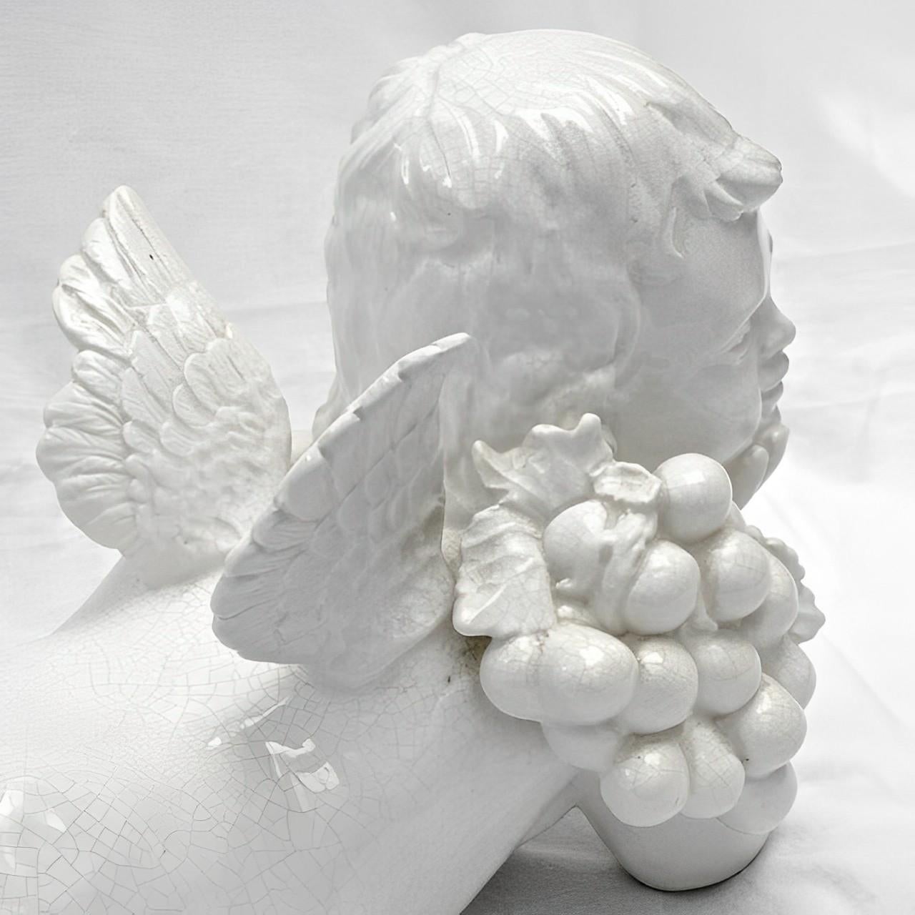 20th Century Vietri Italian Large White Crackle Glazed Ceramic Cherub Figurine For Sale