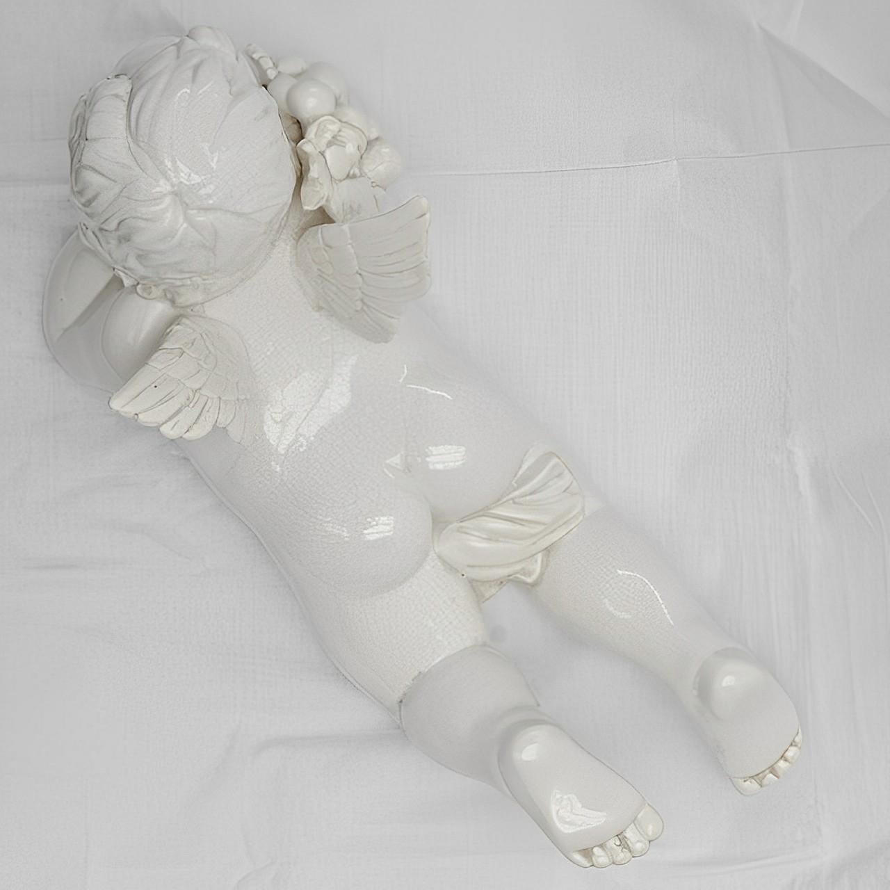 Vietri Italian Large White Crackle Glazed Ceramic Cherub Figurine For Sale 1
