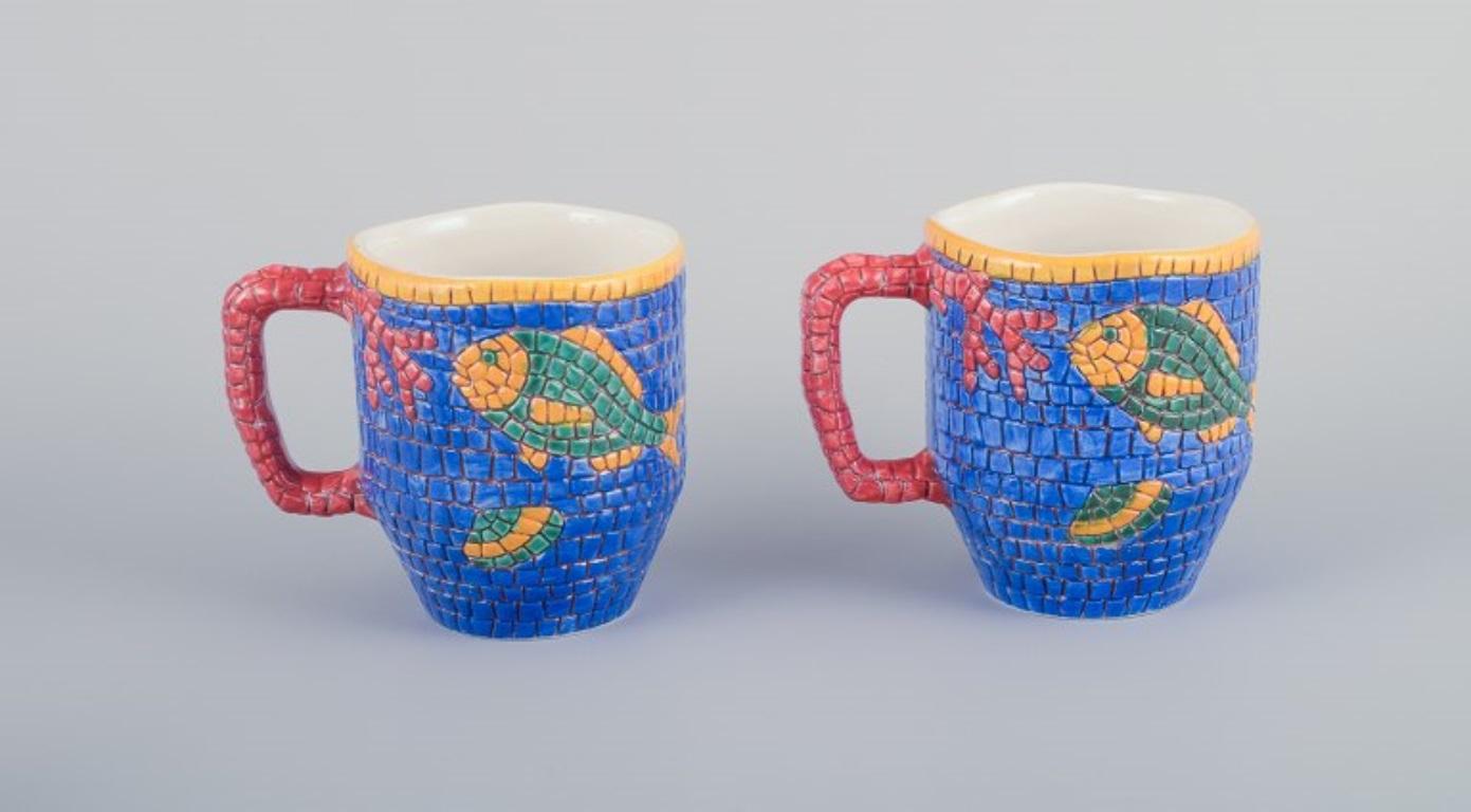 Italian Vietri, Italy. Set of four large ceramic mugs with fish and sea motifs For Sale