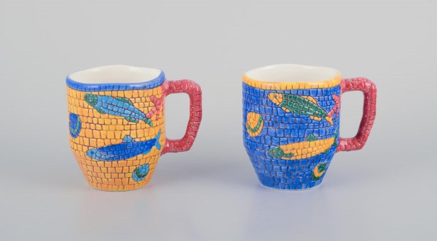 Glazed Vietri, Italy. Set of four large ceramic mugs with fish and sea motifs For Sale
