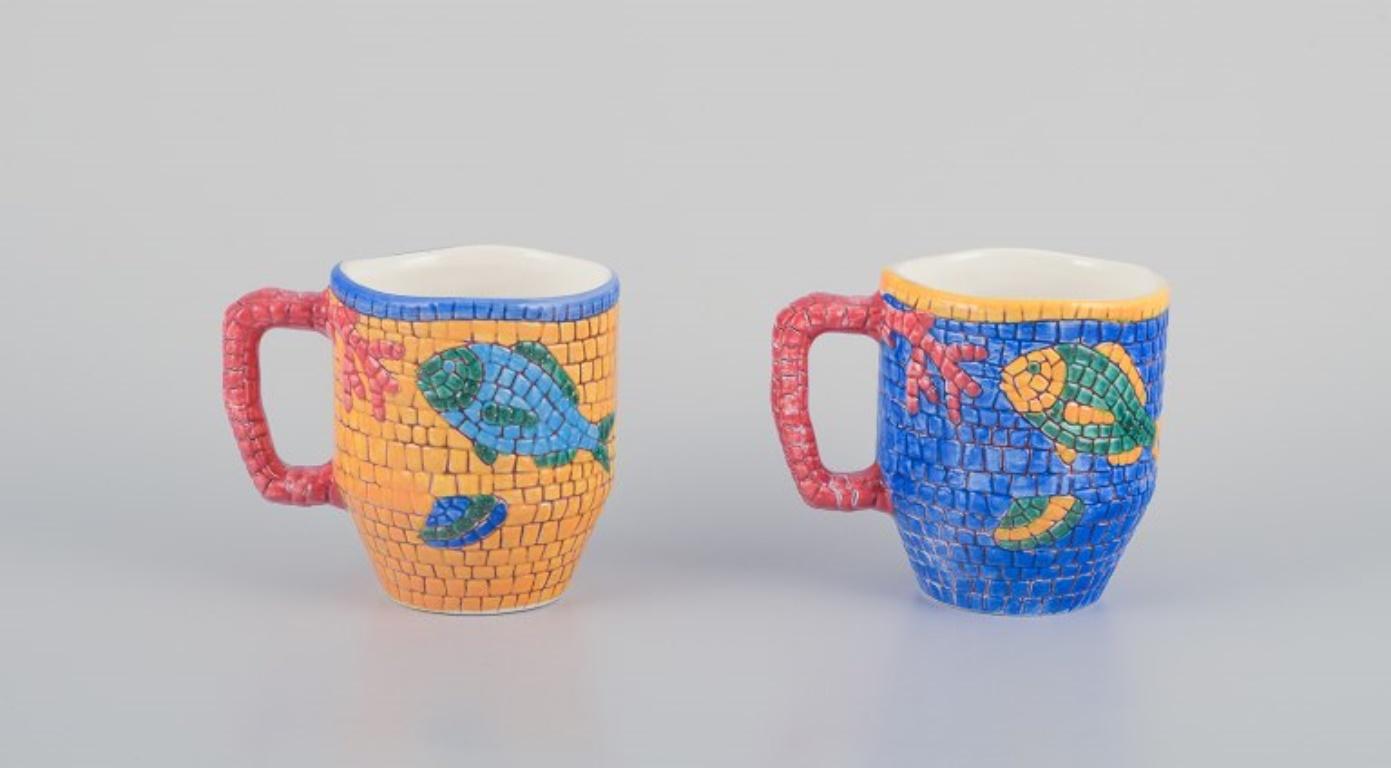 Vietri, Italy. Set of four large ceramic mugs with fish and sea motifs In Excellent Condition For Sale In Copenhagen, DK