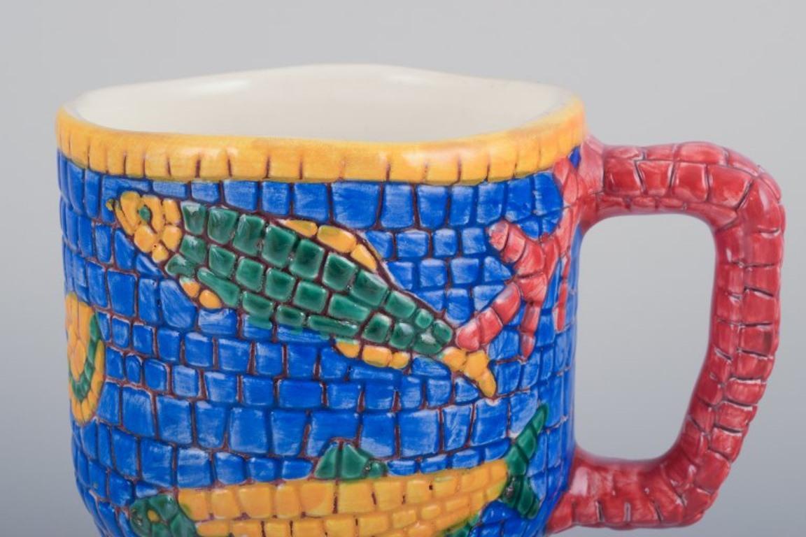 20th Century Vietri, Italy. Set of four large ceramic mugs with fish and sea motifs For Sale