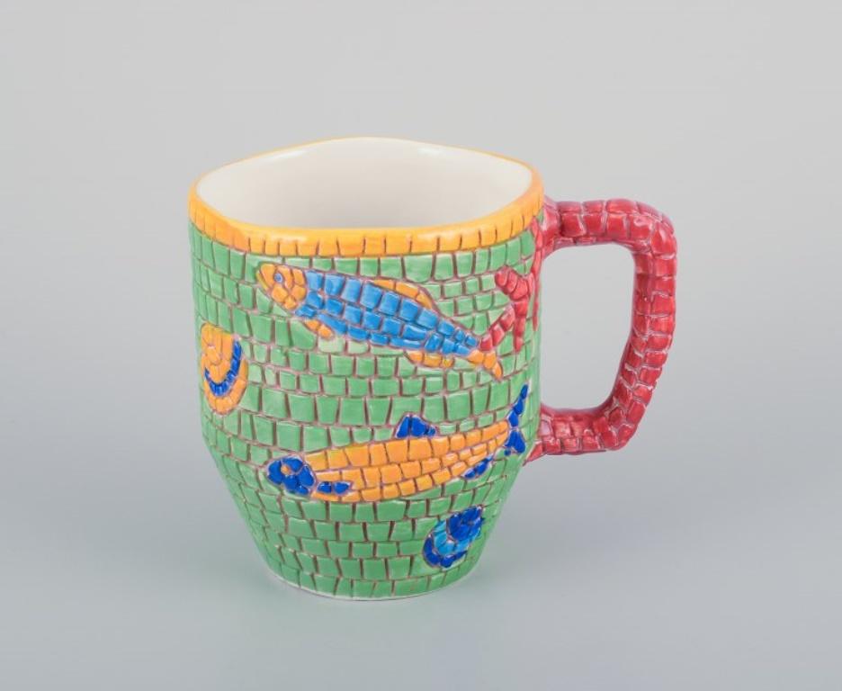 Ceramic Vietri, Italy. Set of four large ceramic mugs with fish and sea motifs For Sale