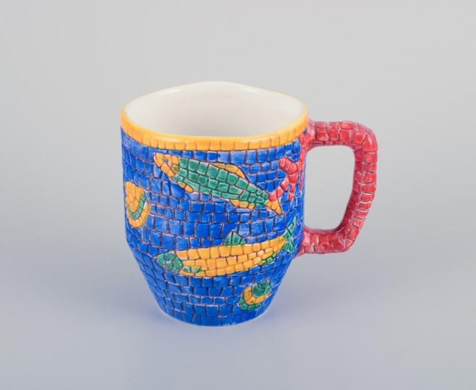 Vietri, Italy. Set of four large ceramic mugs with fish and sea motifs For Sale 1